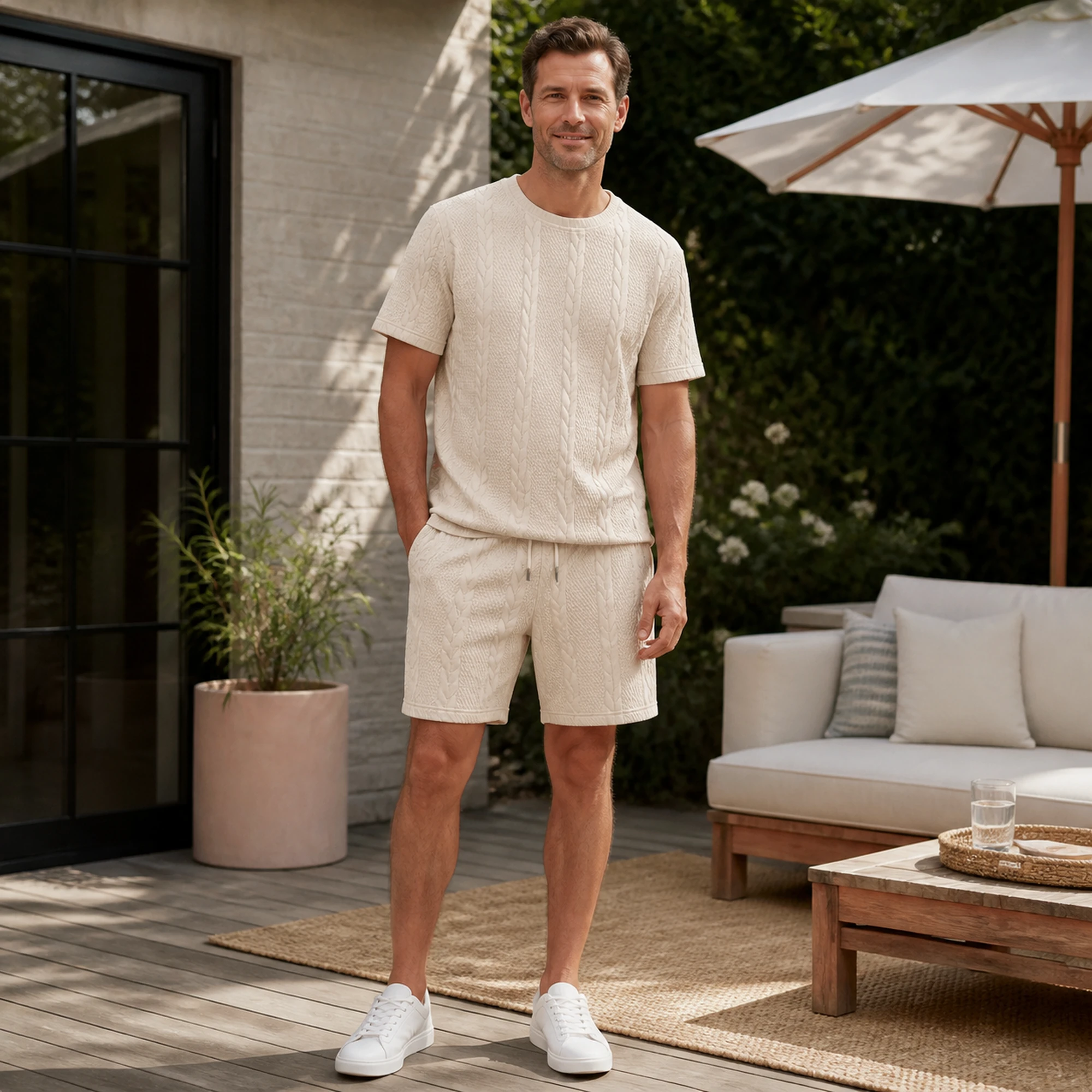 Cable-textured matching set in a backyard setting