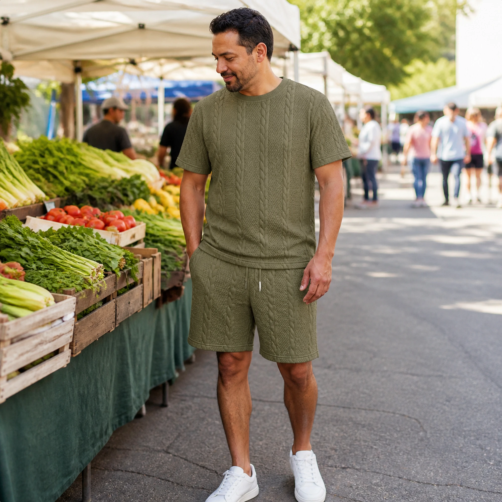 Cable-textured matching set at an outdoor market