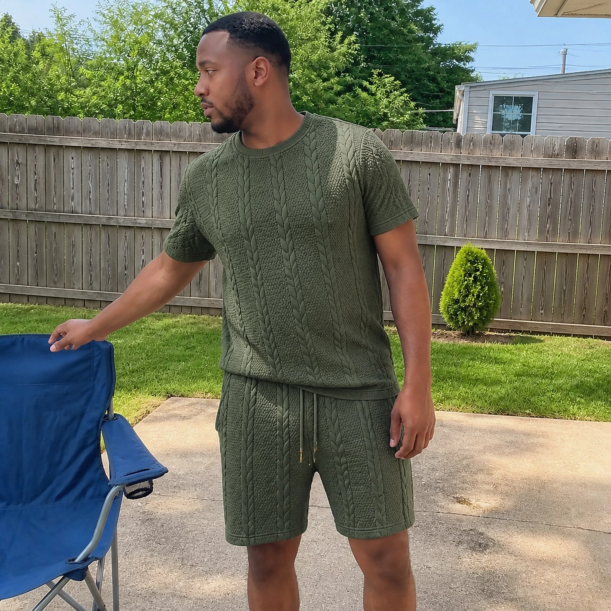 Casual phone snapshot of the olive matching set outdoors