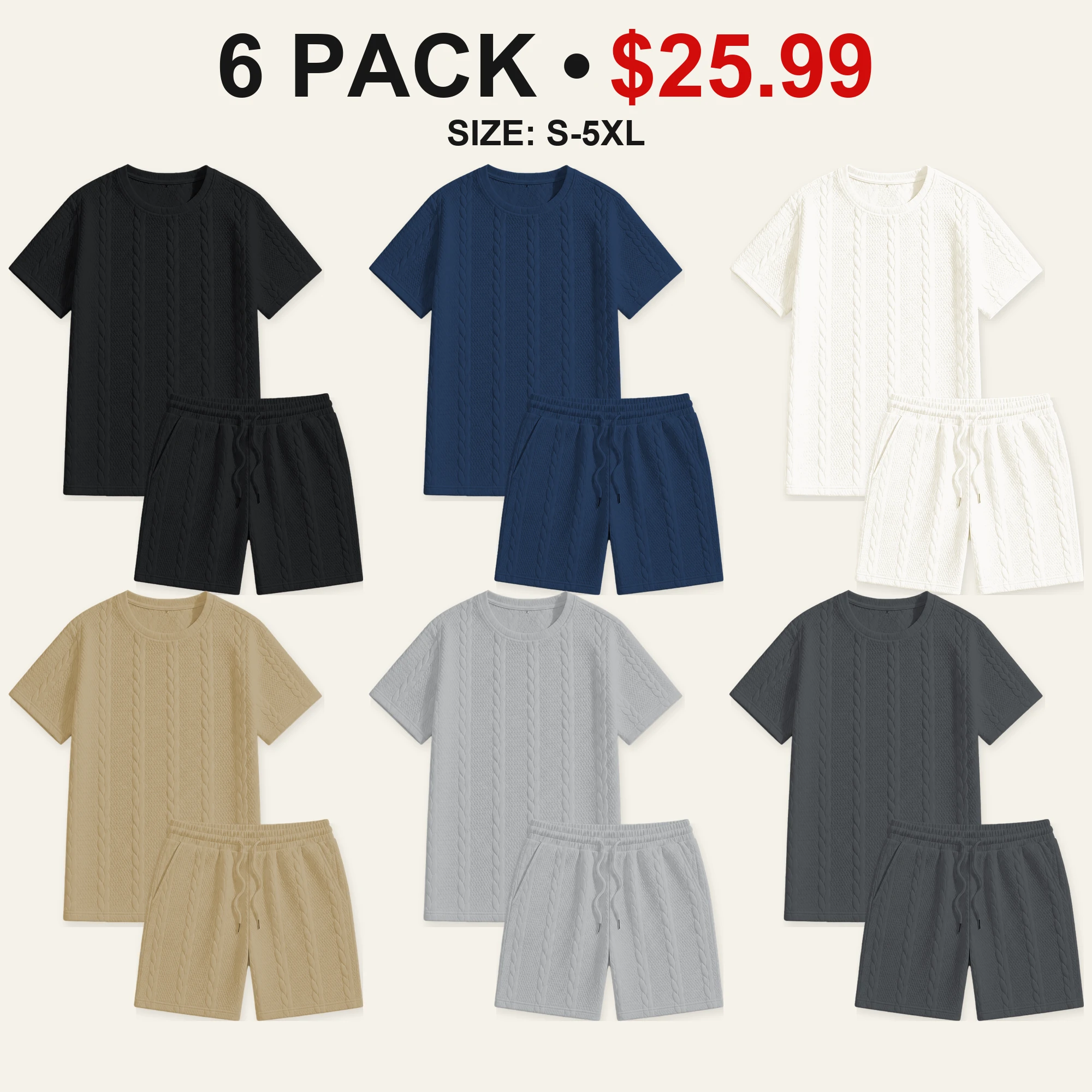 Six-pack Everyday Core cable-textured T-shirt and shorts color mix