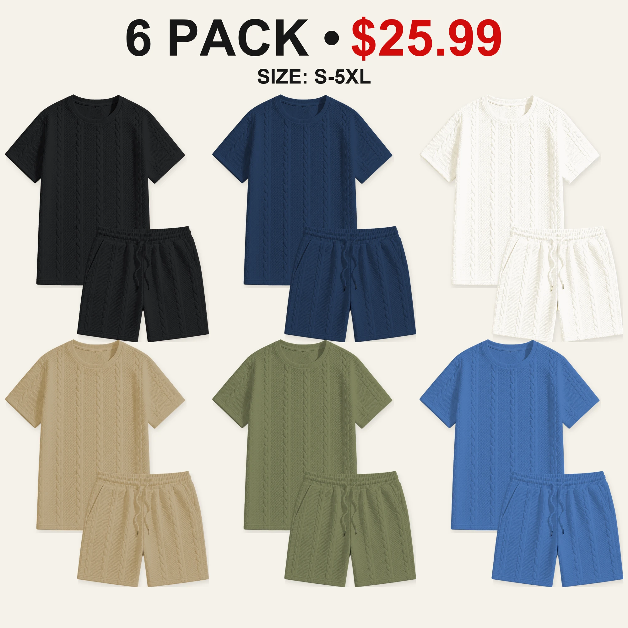 Six-pack Weekend Color cable-textured T-shirt and shorts color mix
