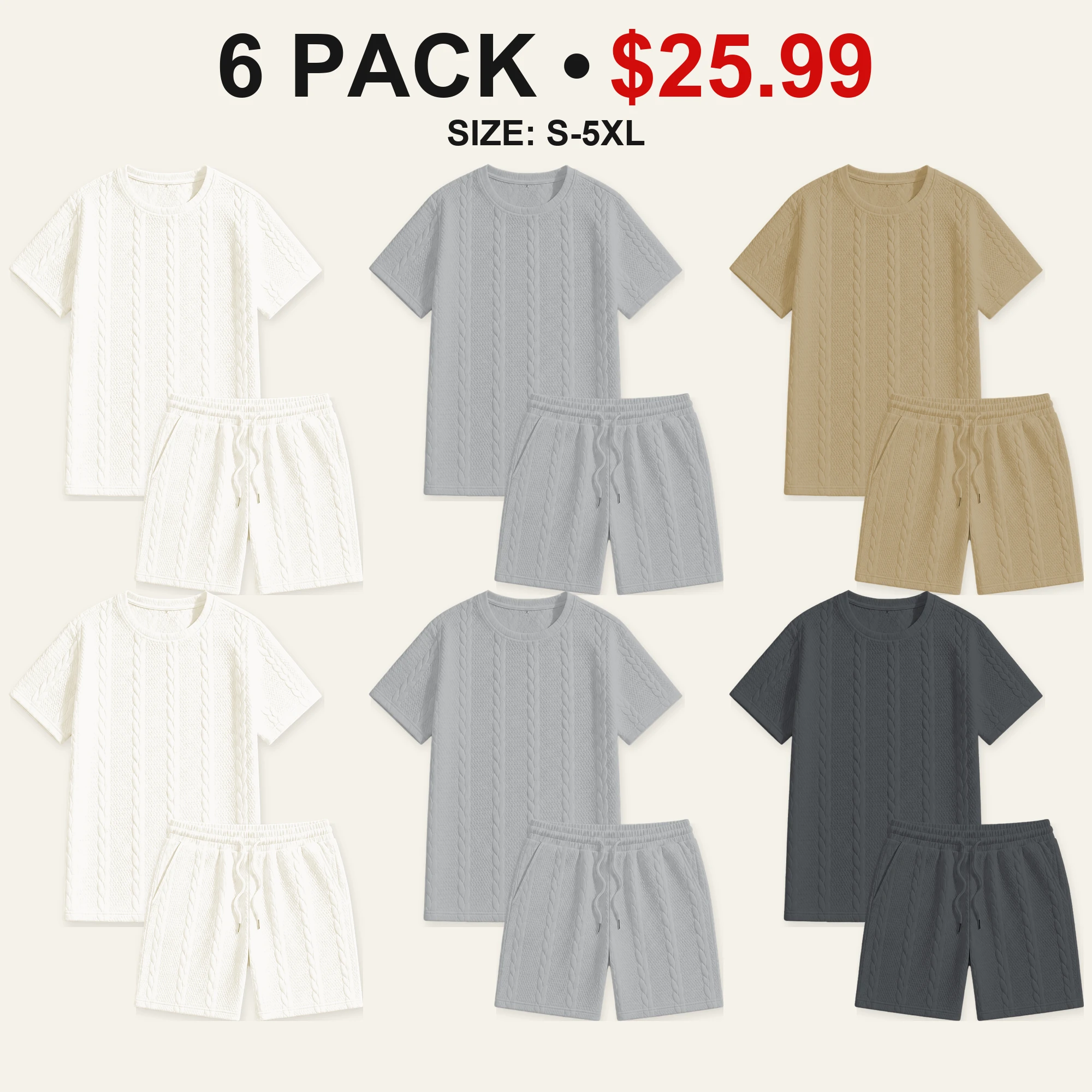 Six-pack Light Neutrals cable-textured T-shirt and shorts color mix