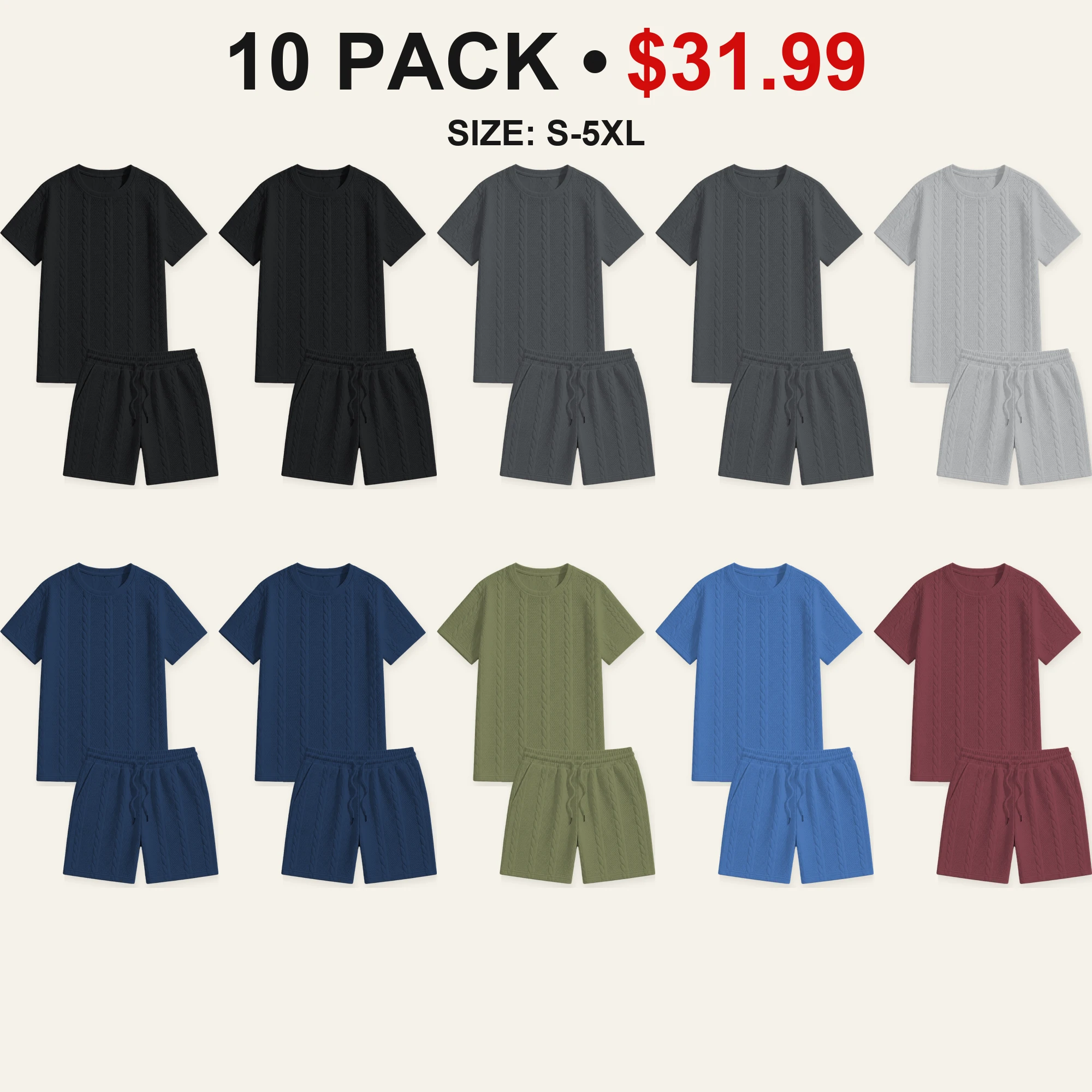 Ten-pack Dark Core cable-textured T-shirt and shorts color mix