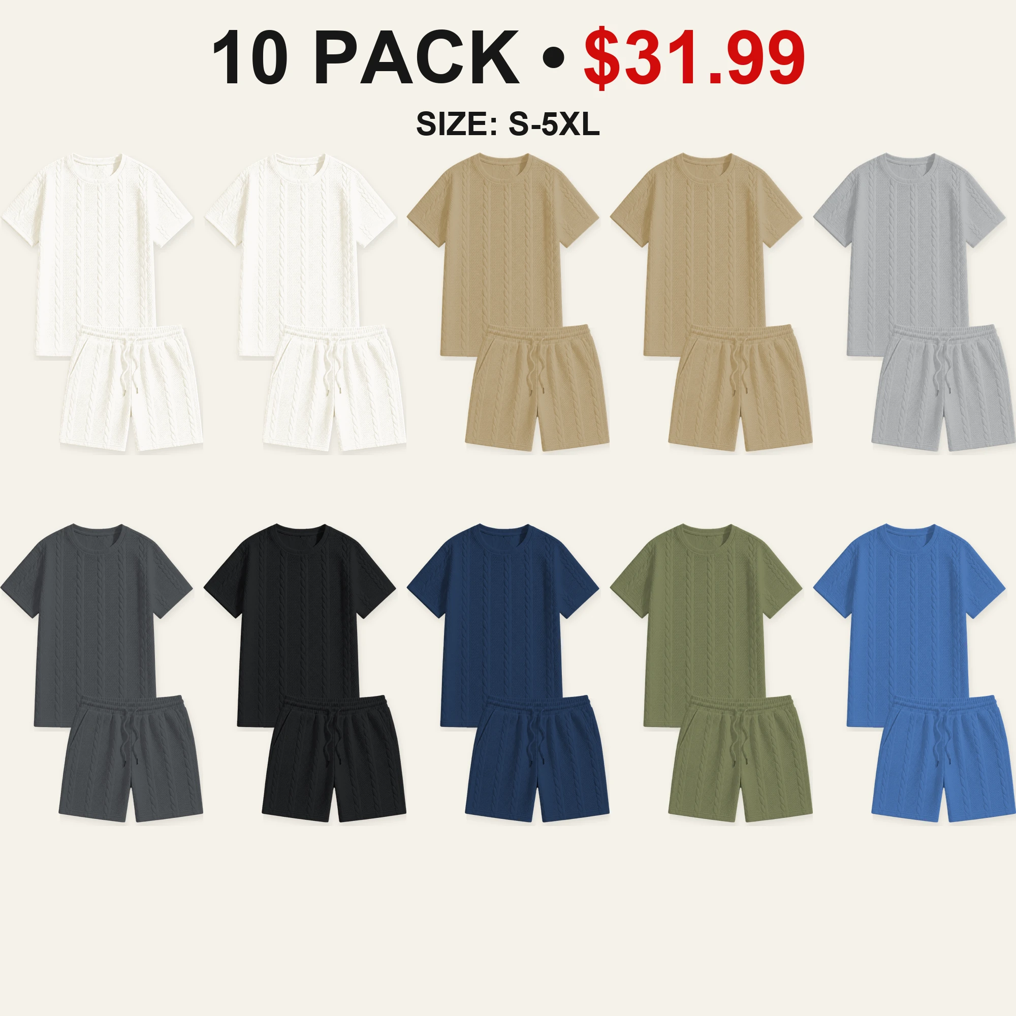 Ten-pack Balanced Essentials cable-textured T-shirt and shorts color mix