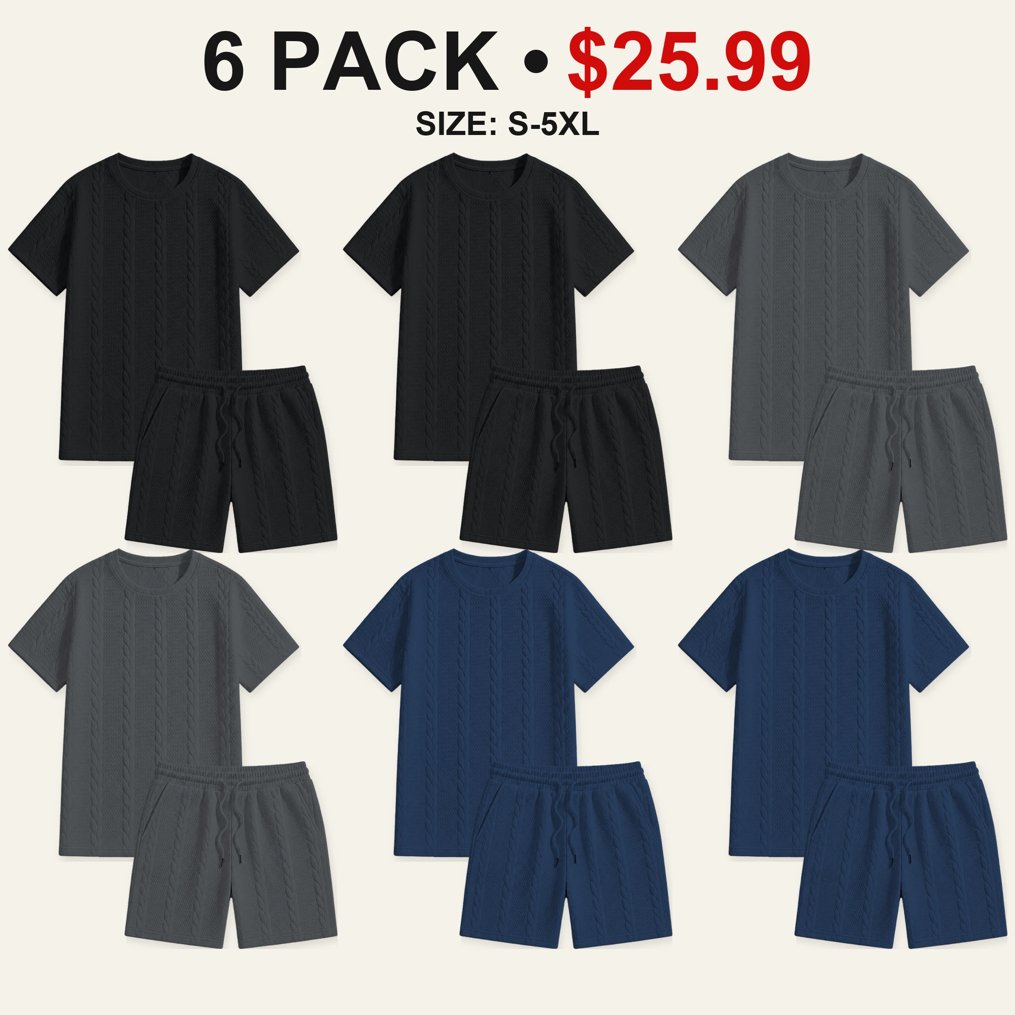 Six-pack Dark Basics cable-textured T-shirt and shorts color mix