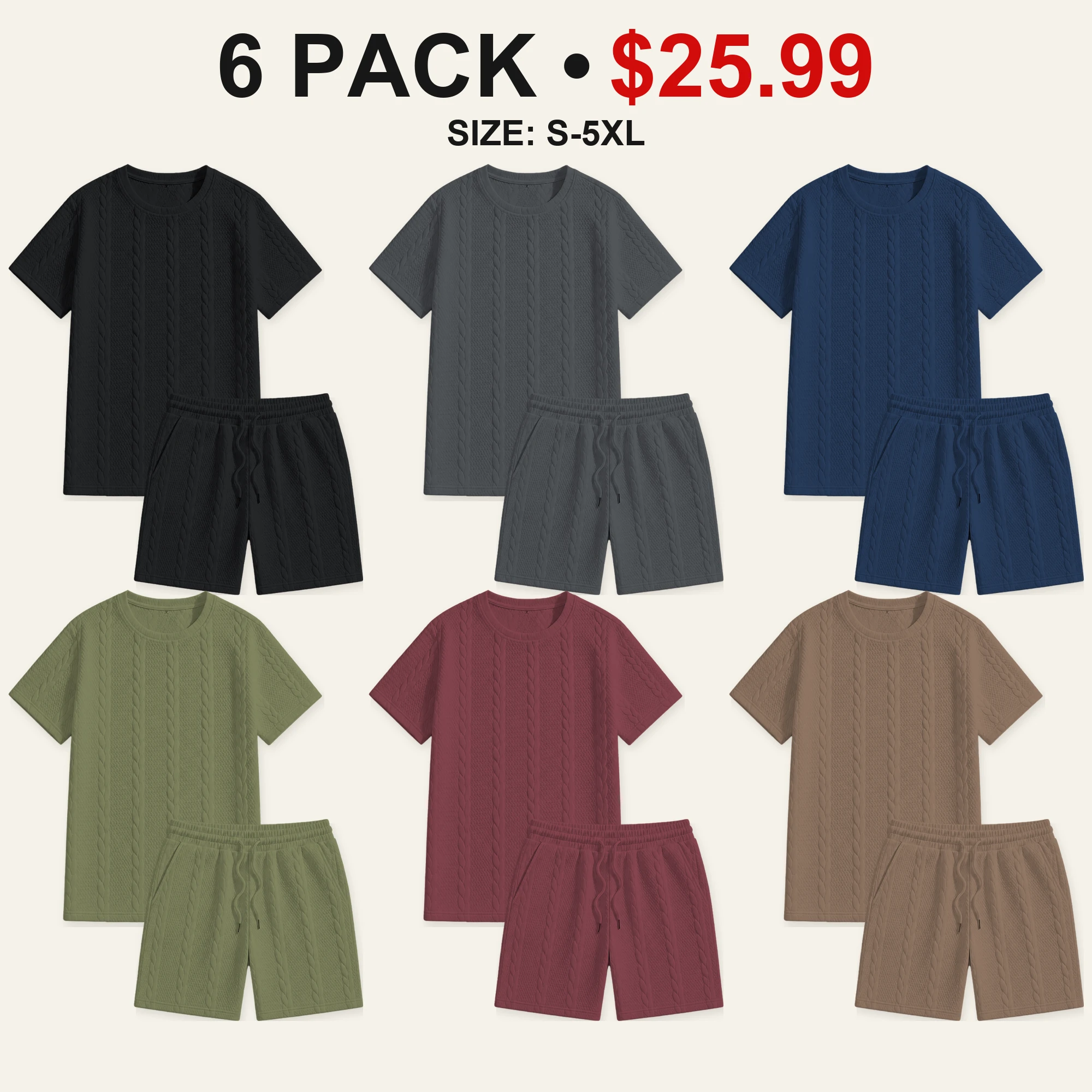 Six-pack Deep Color Mix cable-textured T-shirt and shorts color mix