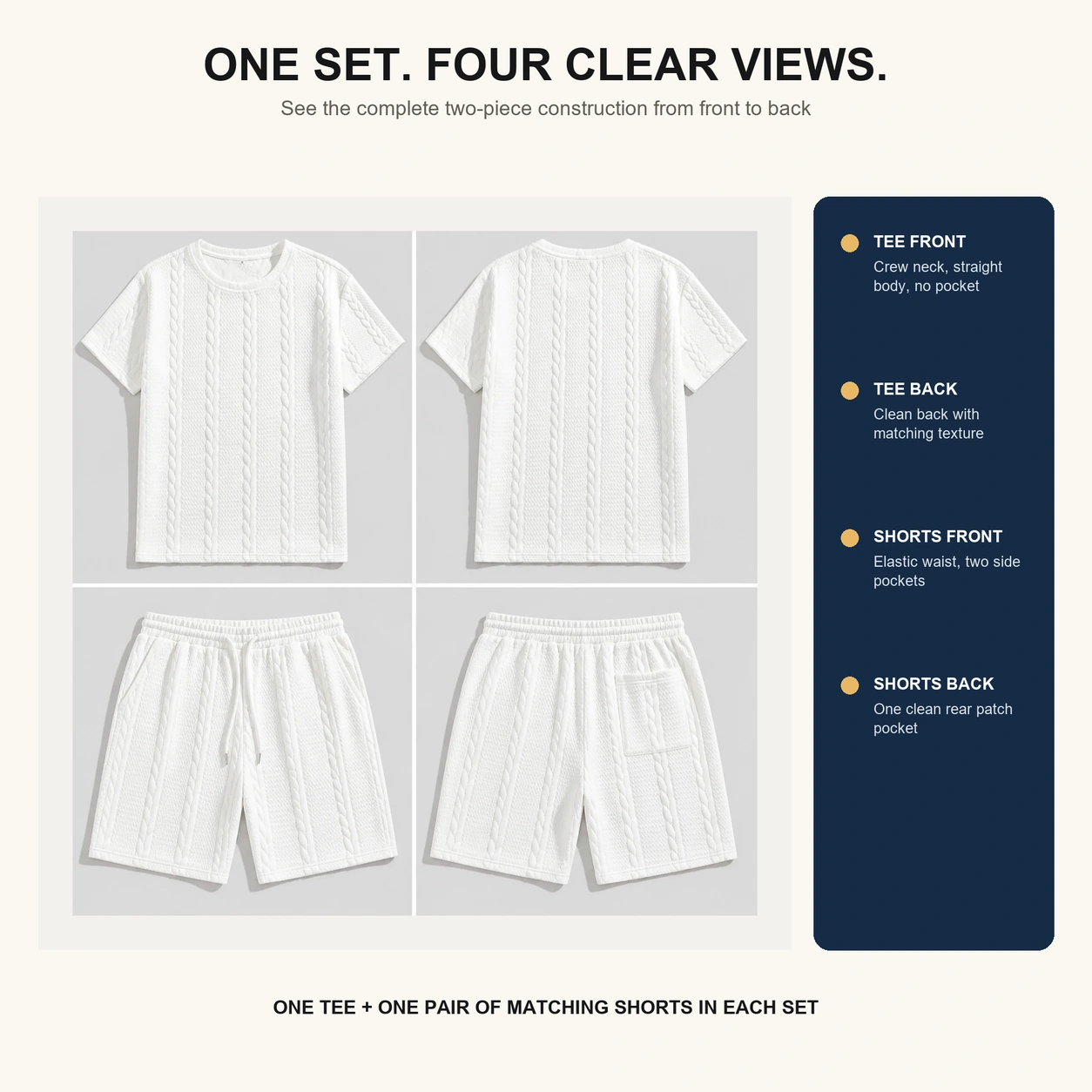 Cable-textured crew neck tee and matching drawstring shorts single set