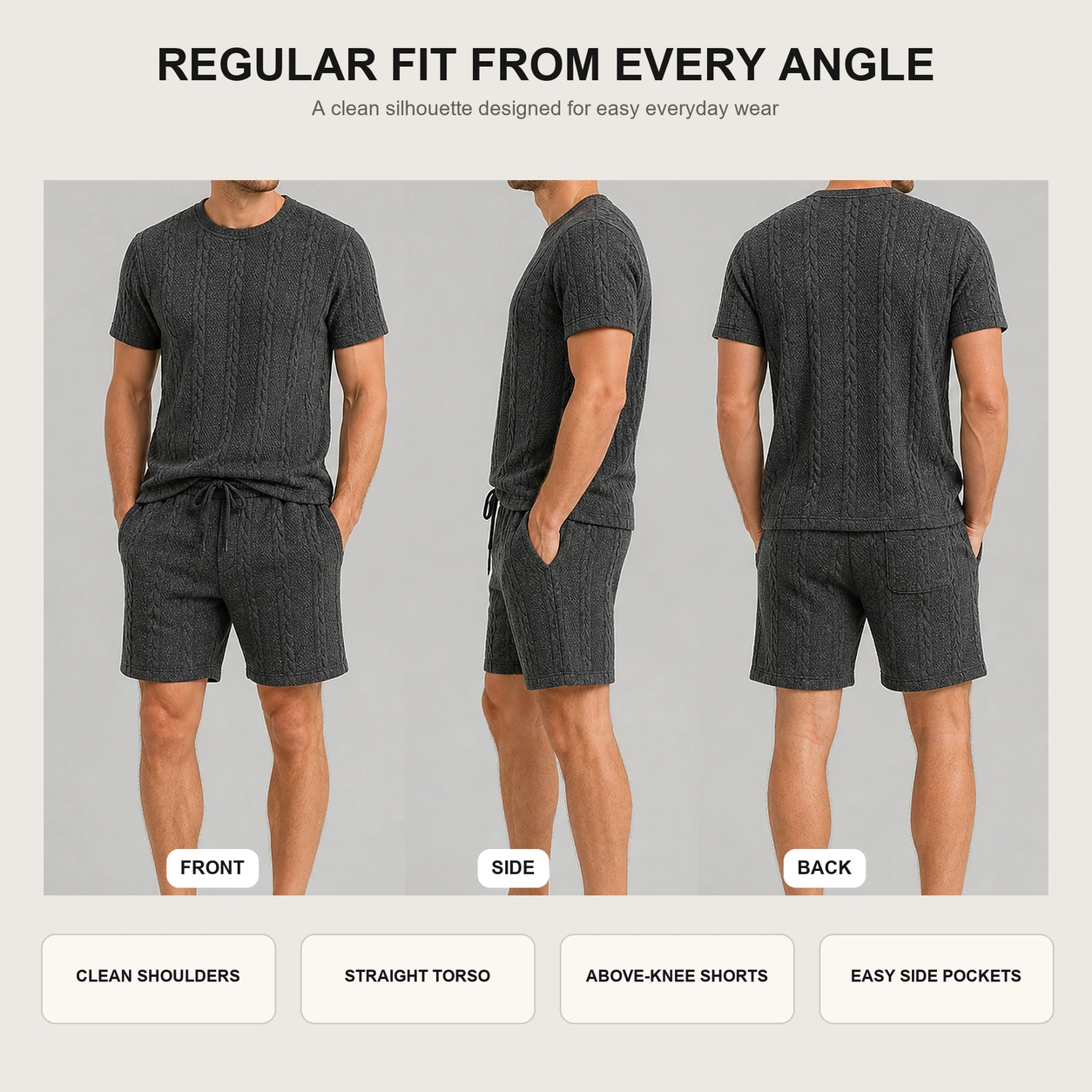 Front side and back views of the regular-fit matching set