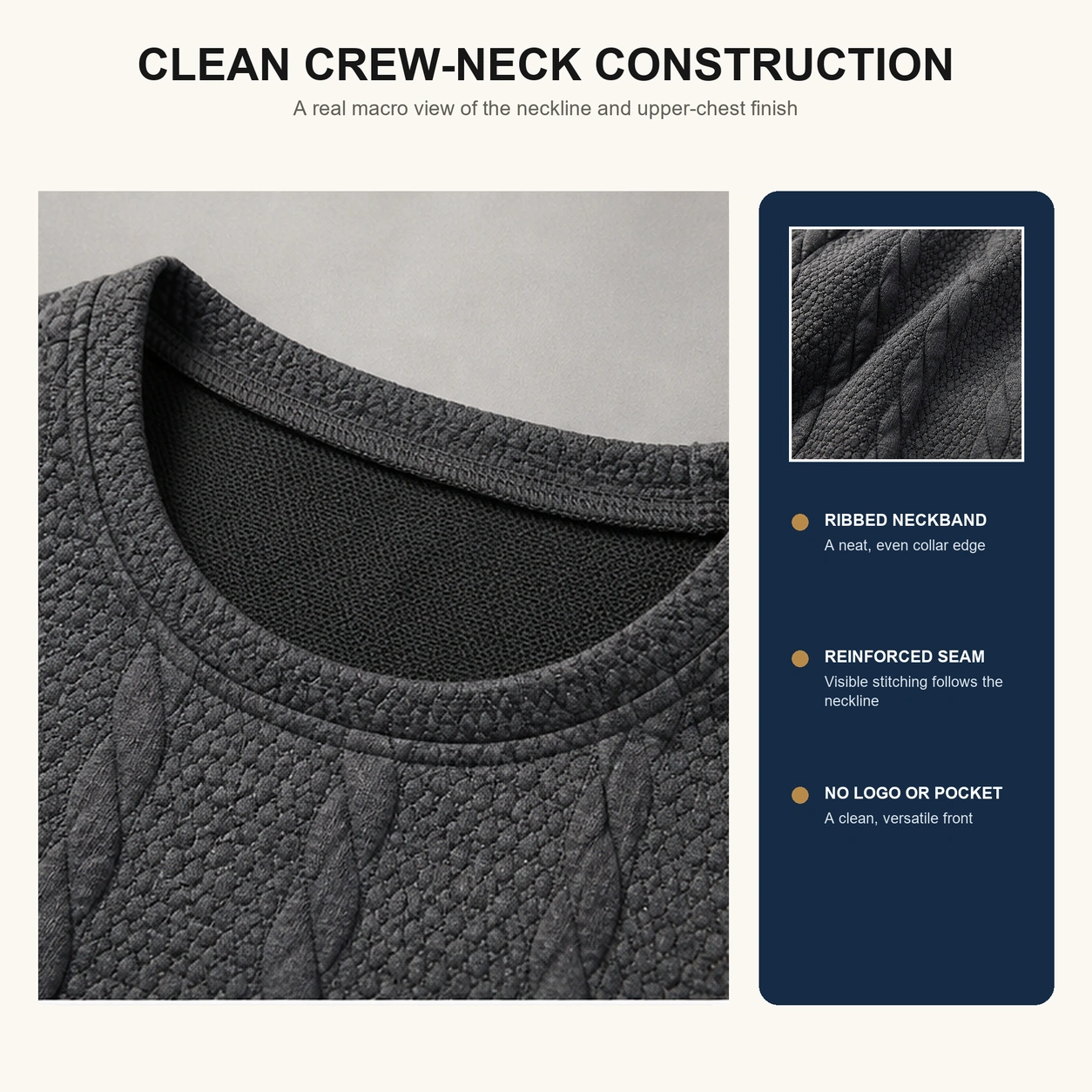 Clean crew neck construction detail