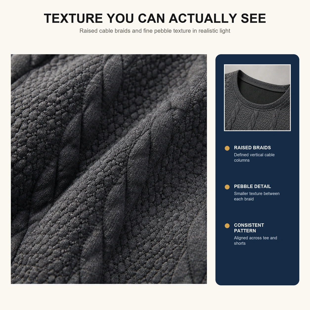 Raised cable and pebble fabric texture detail