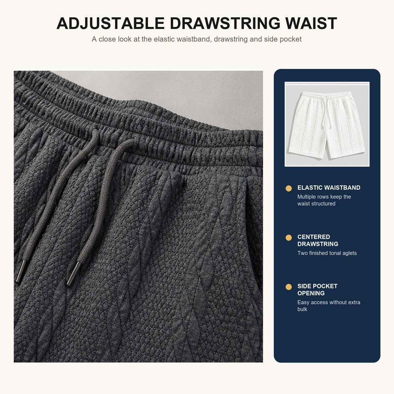 Elastic drawstring waistband and side pocket detail