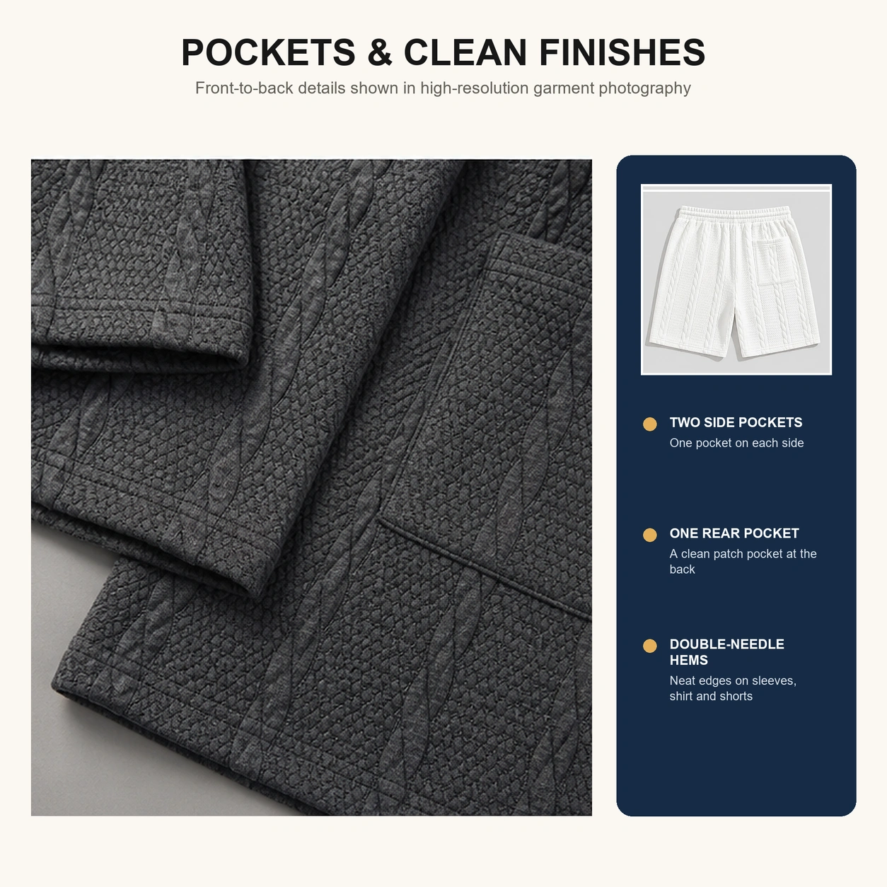 Sleeve hem pocket and clean finish details