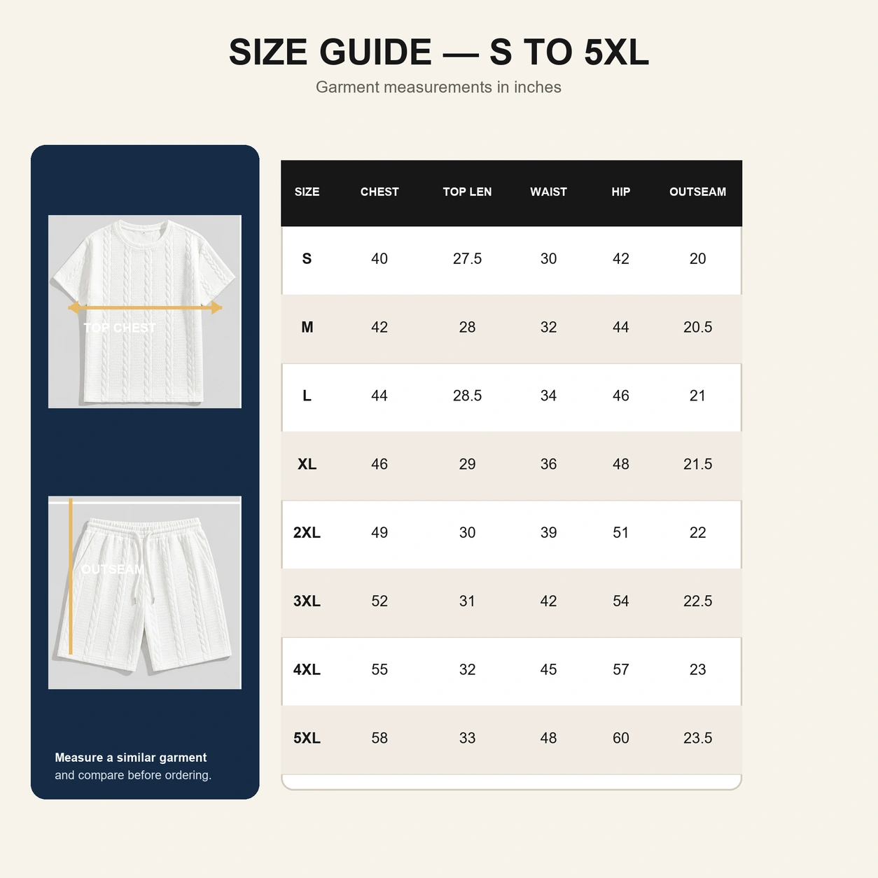Men's matching set garment size guide S to 5XL