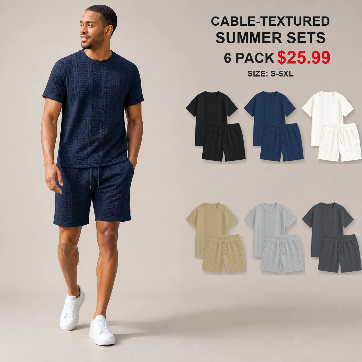Six-pack cable-textured tee and drawstring shorts sets with model