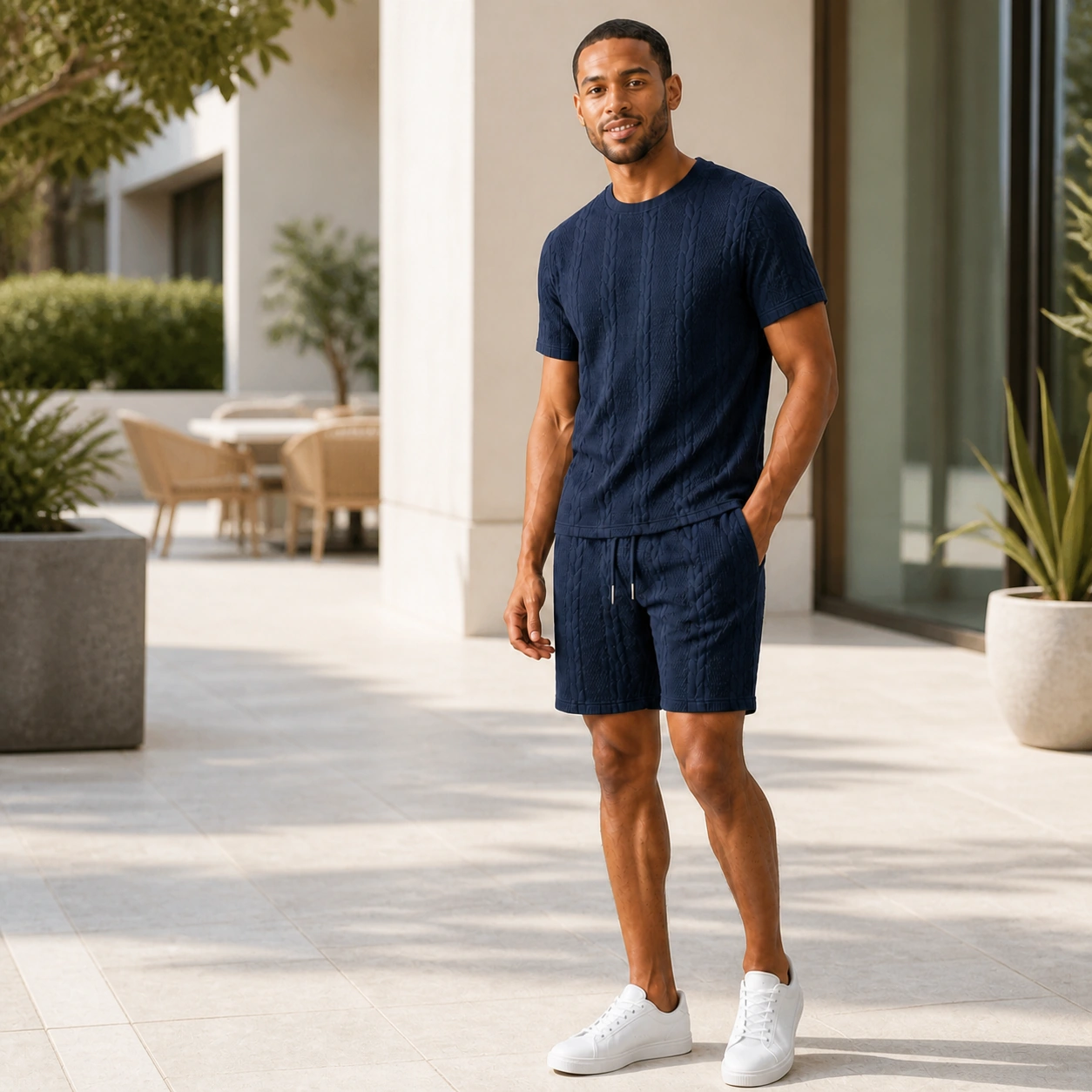 Men's cable-textured summer set in a real outdoor setting