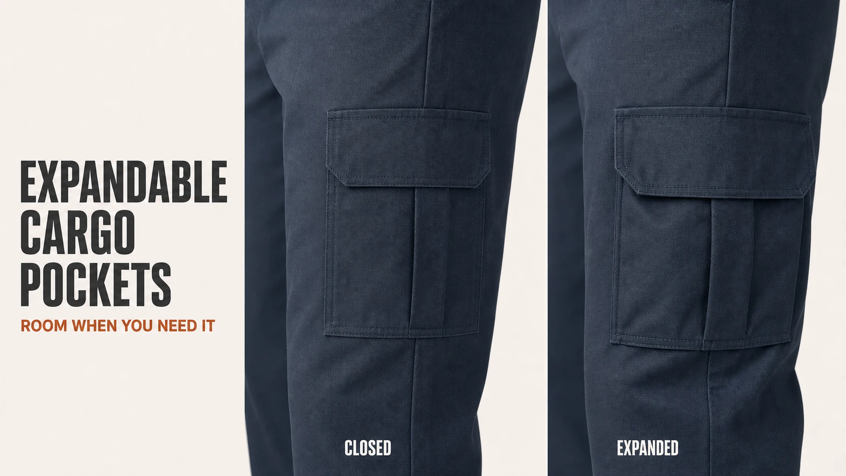 Expandable thigh cargo pocket detail