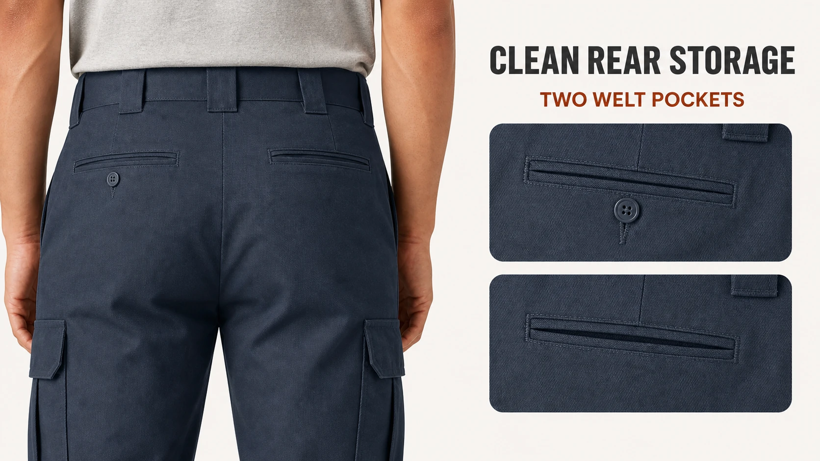 Two clean rear welt pockets