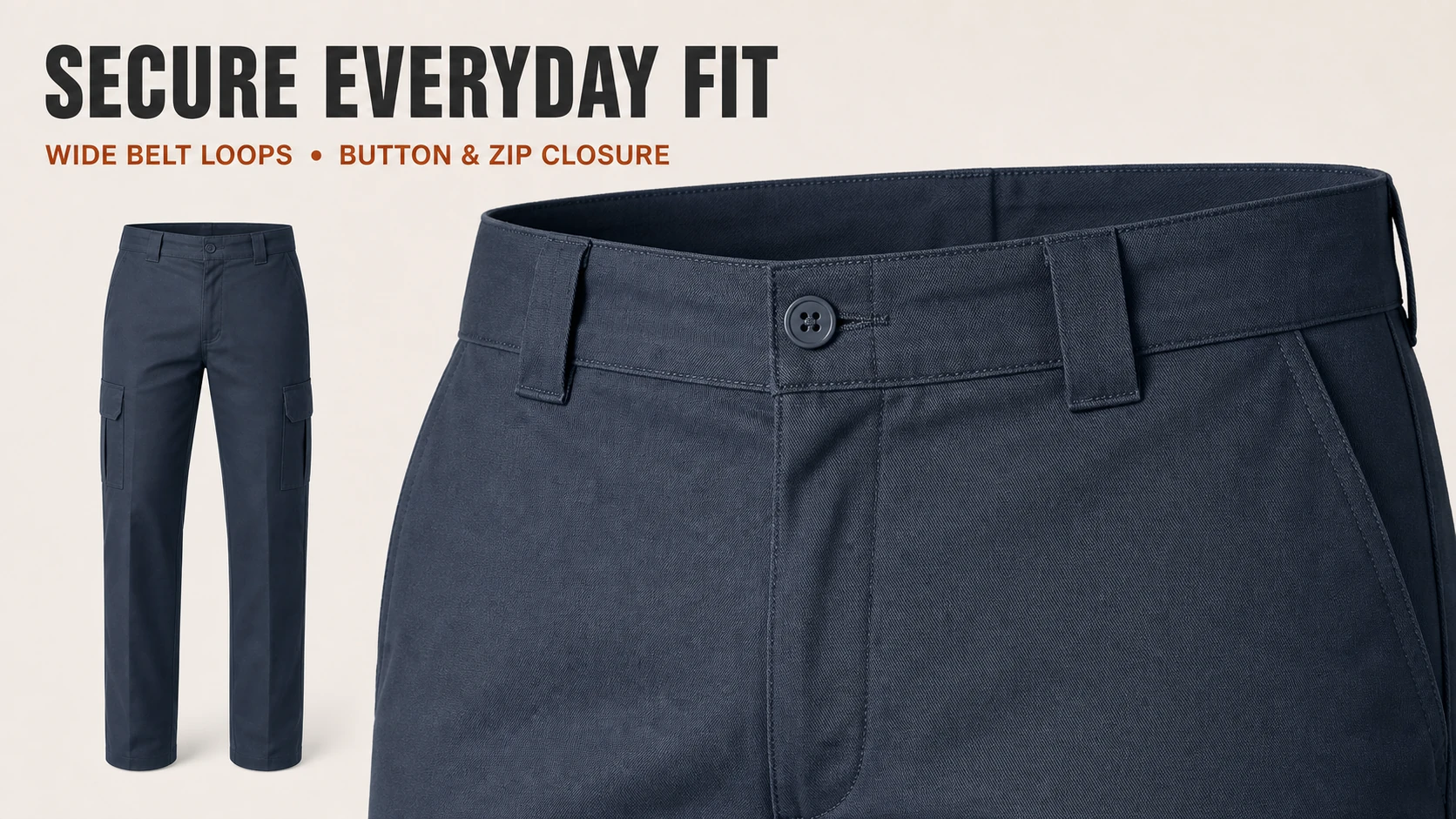 Wide belt loops with button and zipper closure