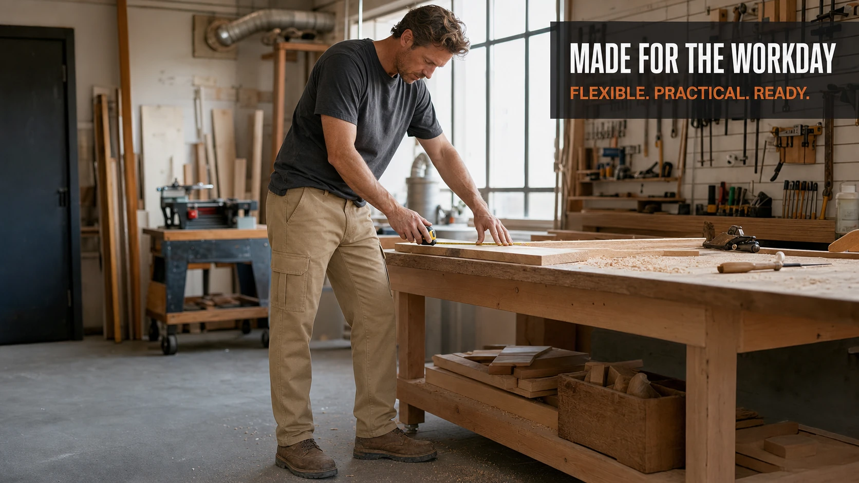 Desert Sand cargo work pants in a workshop