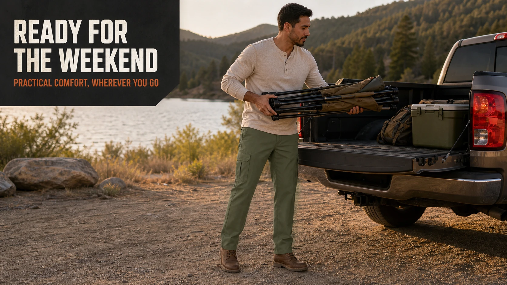 Moss Green cargo work pants for an outdoor weekend
