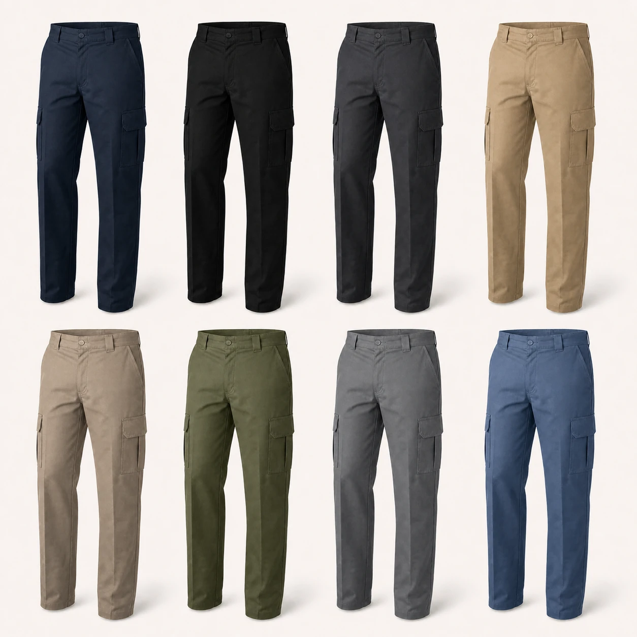 Eight solid colors of men's regular-fit cargo work pants