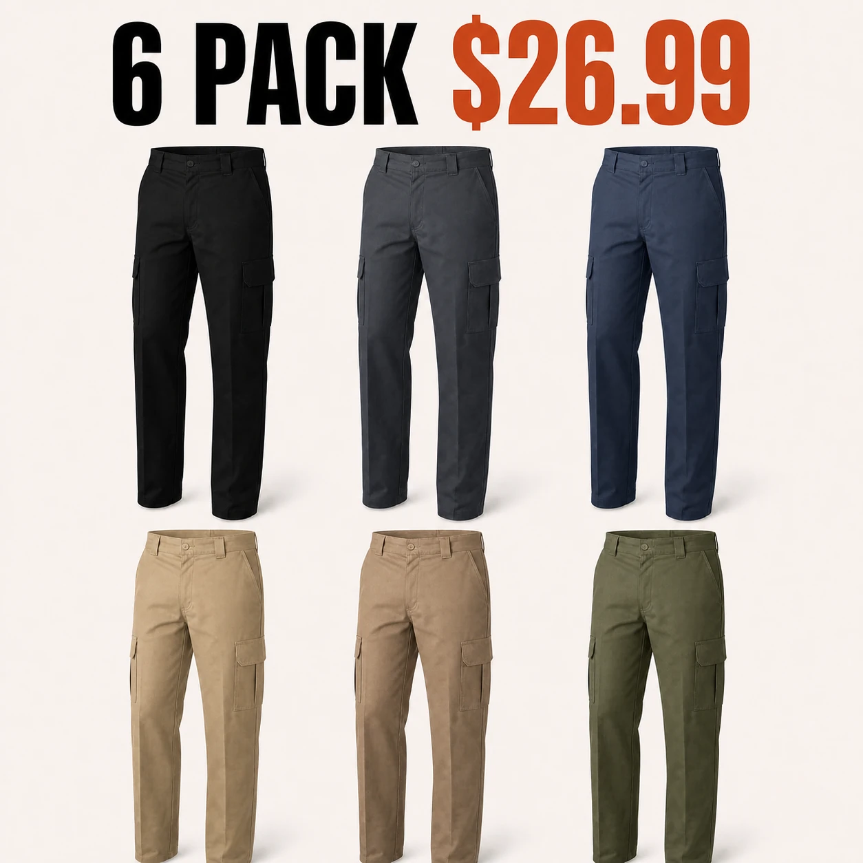 Six-pack assorted men's cargo work pants for sizes S to 5XL