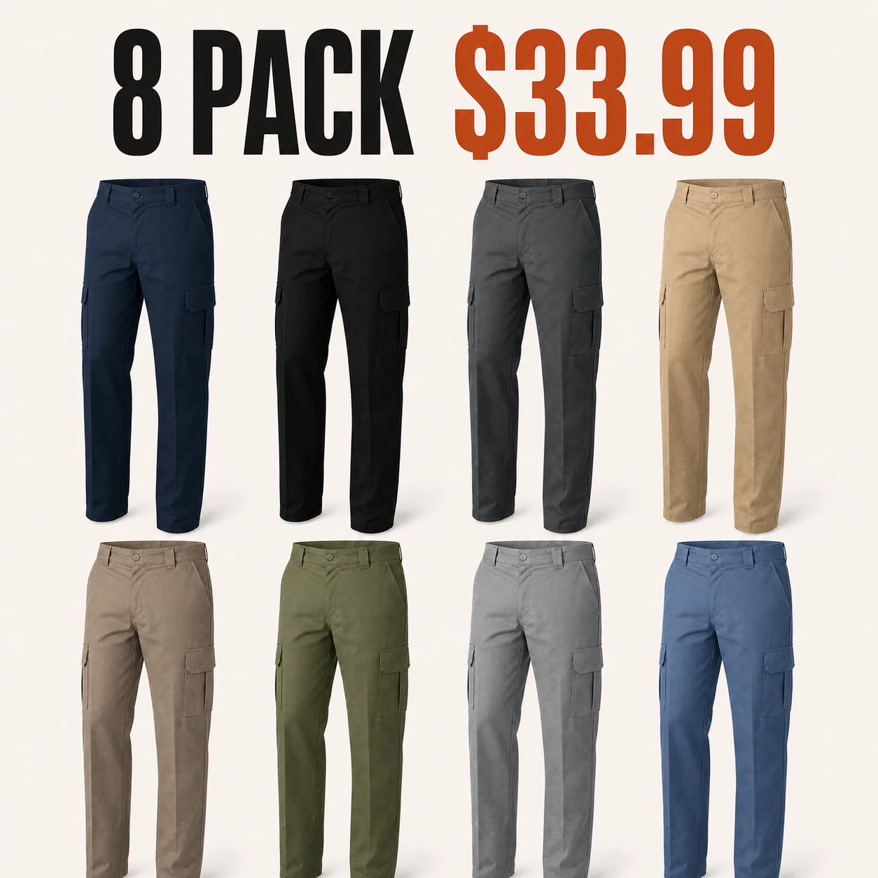 Eight-pack assorted men's cargo work pants for sizes S to 5XL