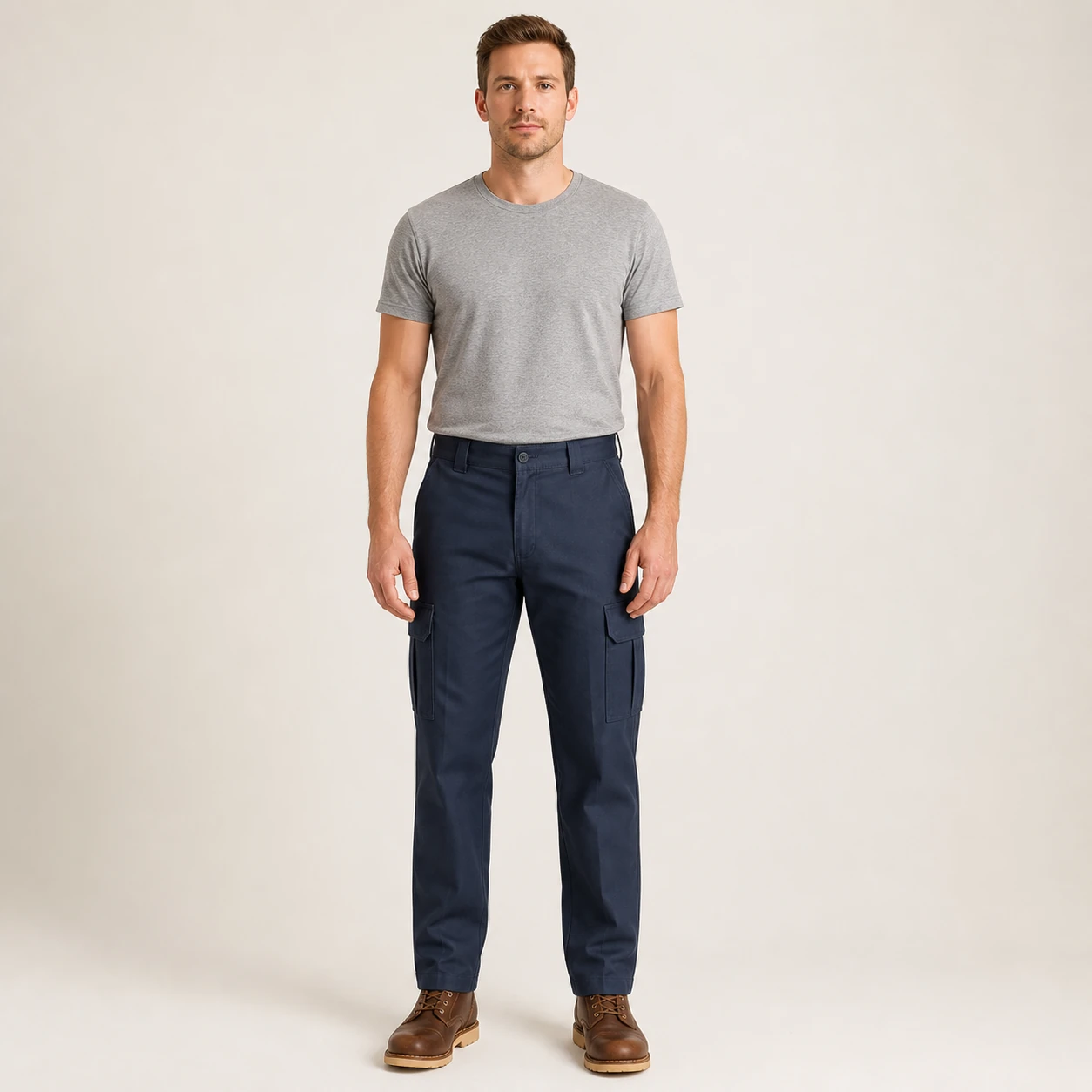 Front view of a model wearing Dark Navy cargo work pants