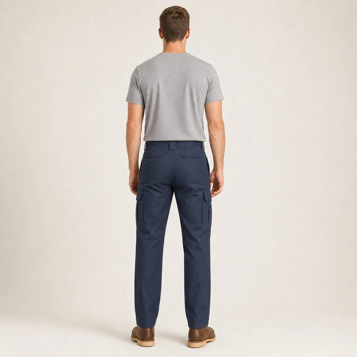 Back view of the same model wearing Dark Navy cargo work pants