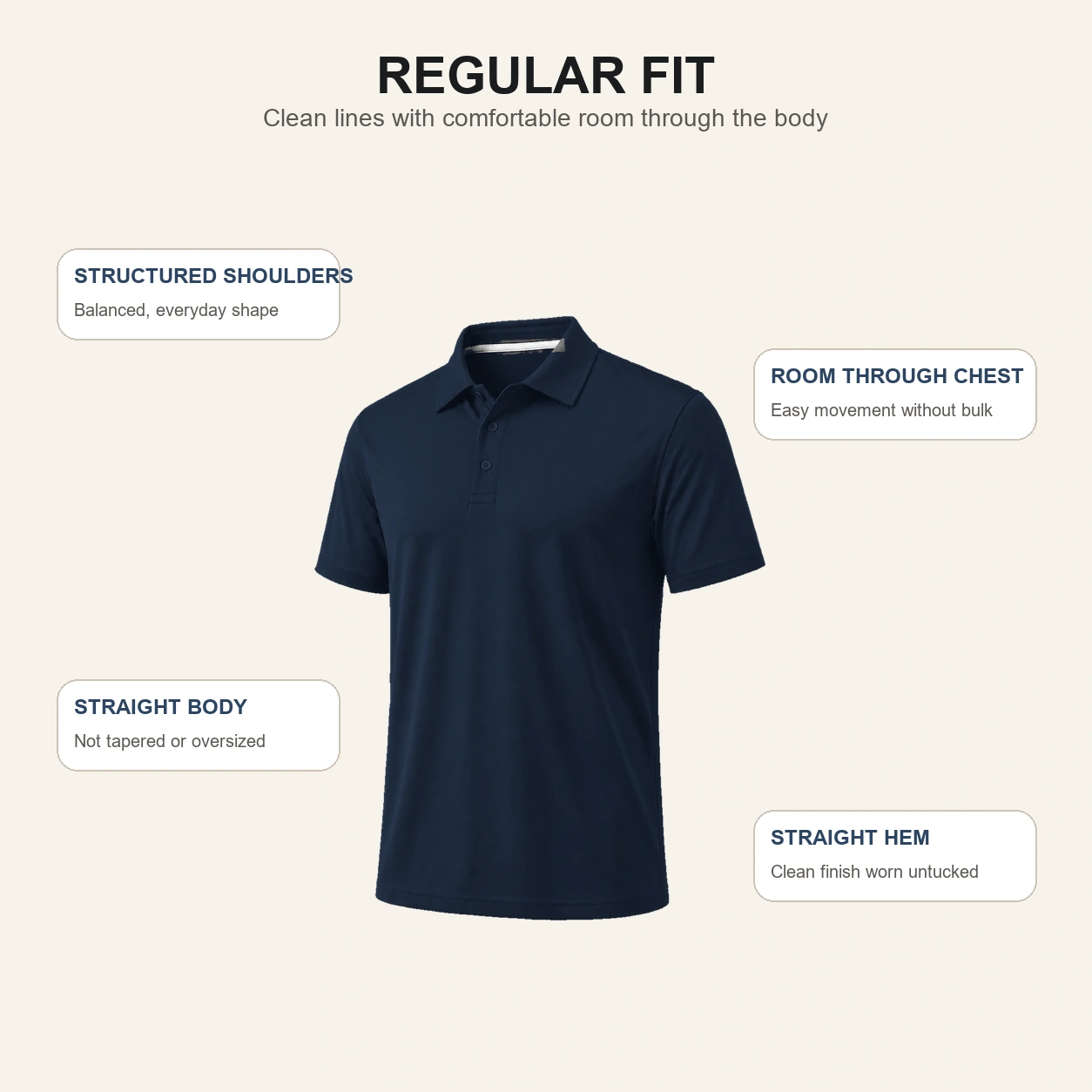 Regular fit shape and straight hem of the polo shirt