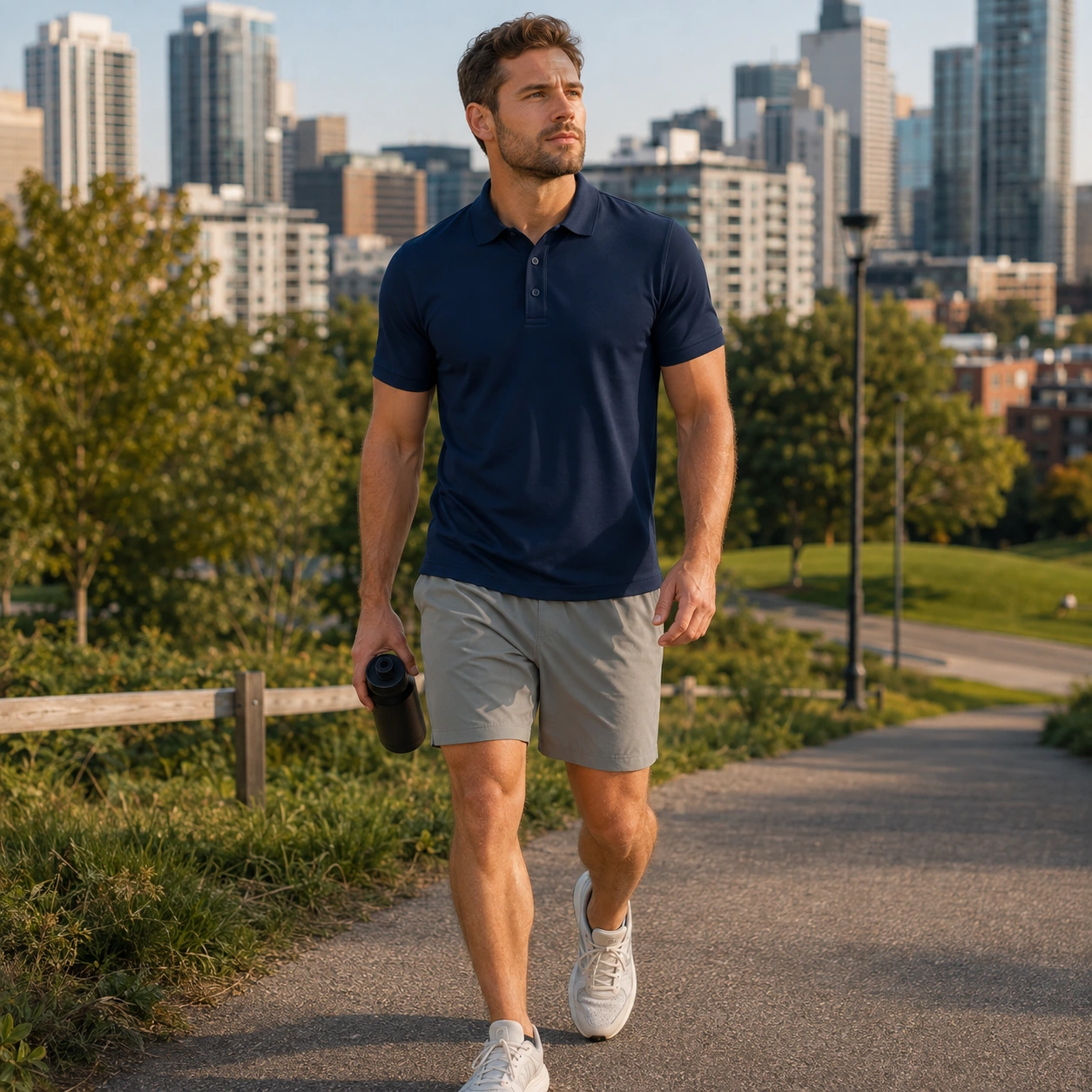 Deep Navy polo in an active outdoor setting