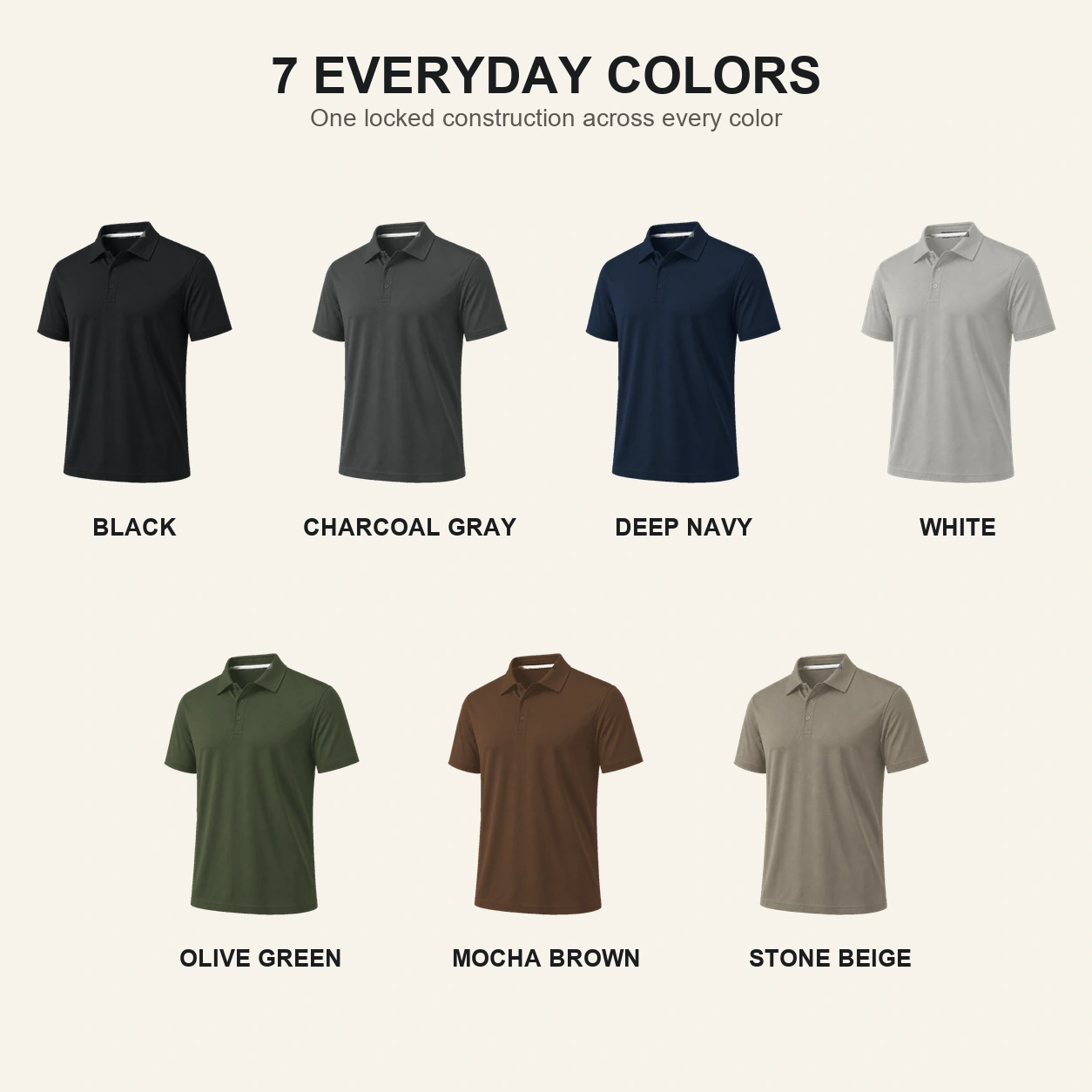 Seven available performance polo shirt colors