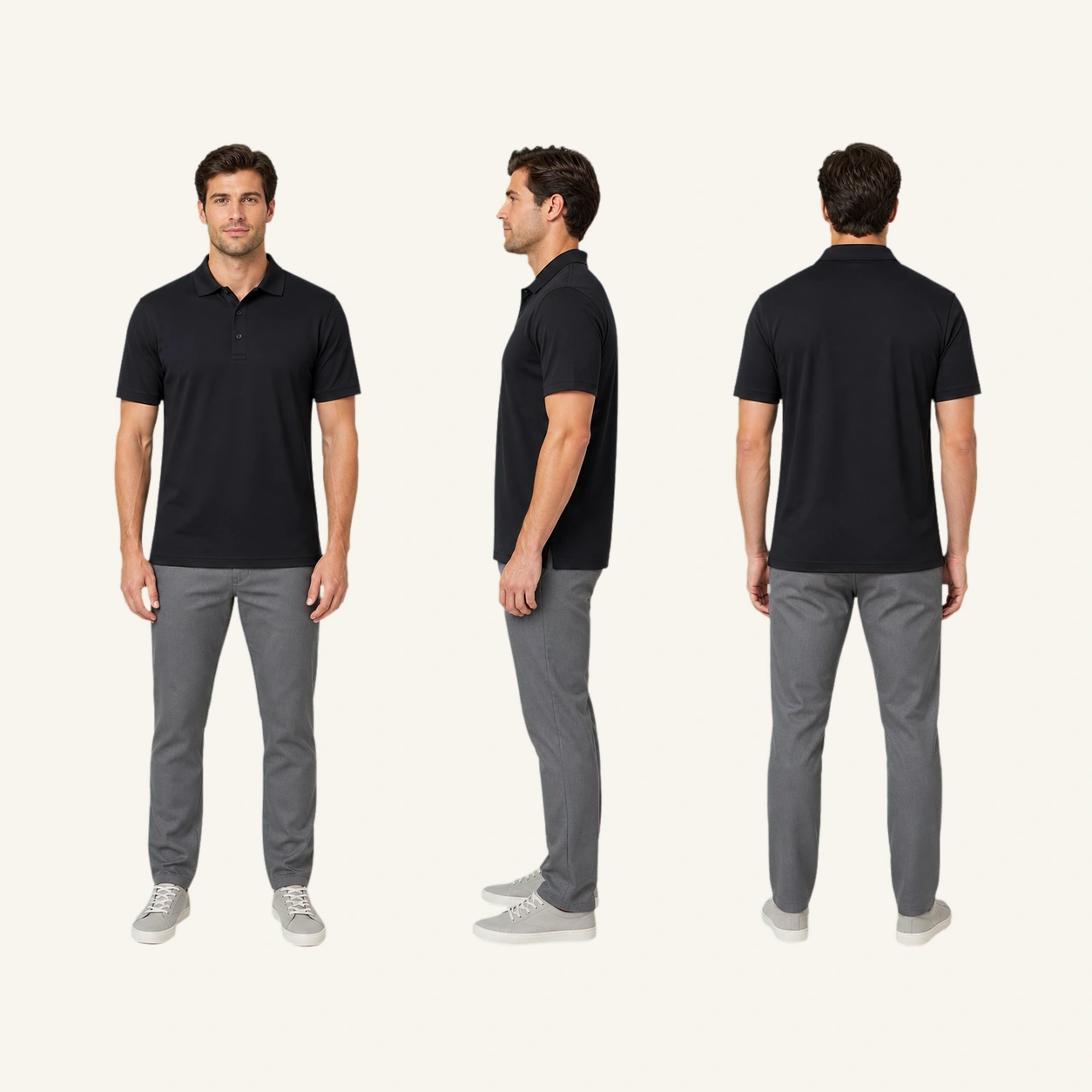 Front side and back views of the polo shirt