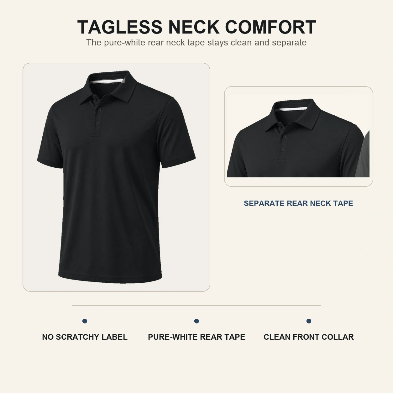 Polo fabric tagless neck and straight hem details
