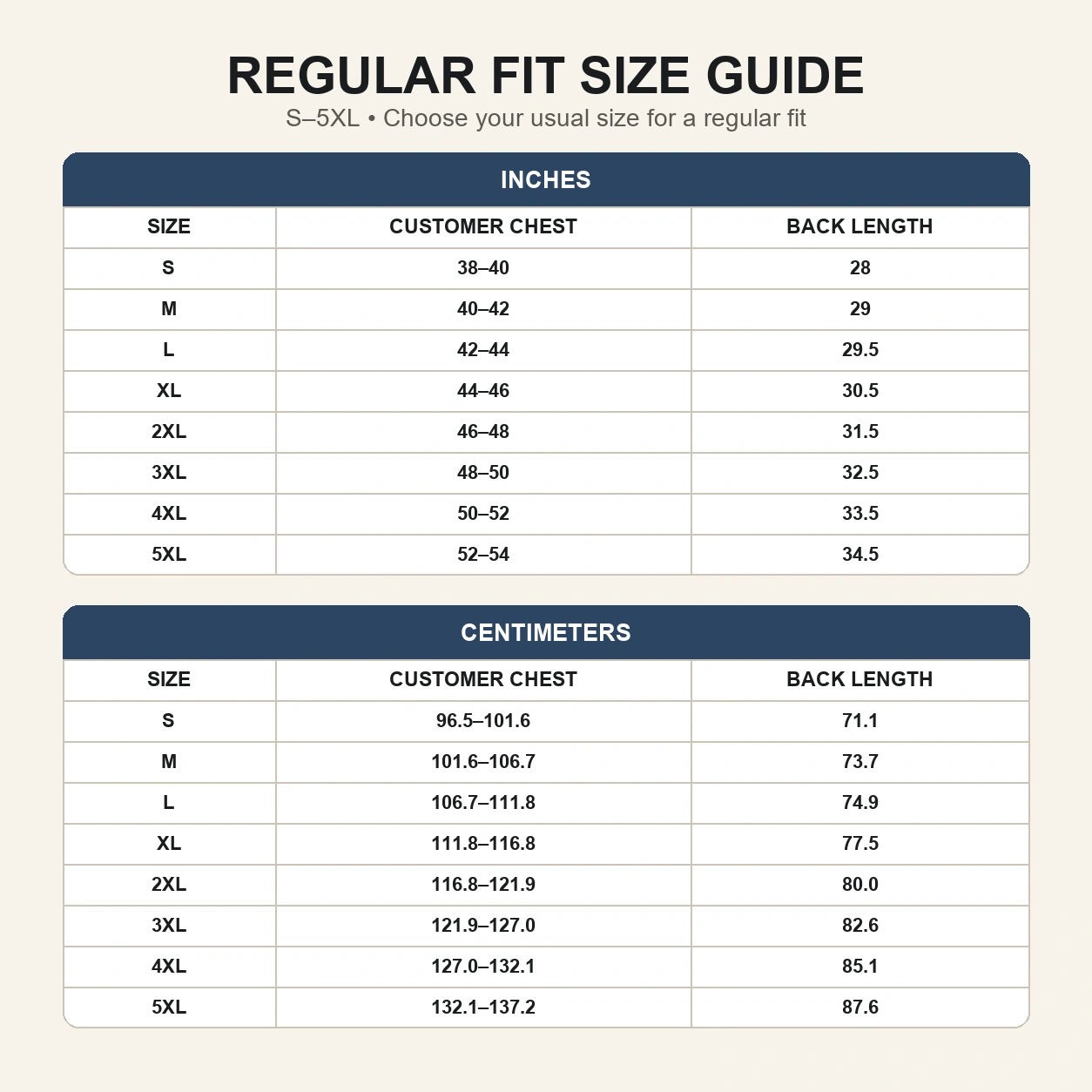 Men's regular-fit polo size chart from S to 5XL