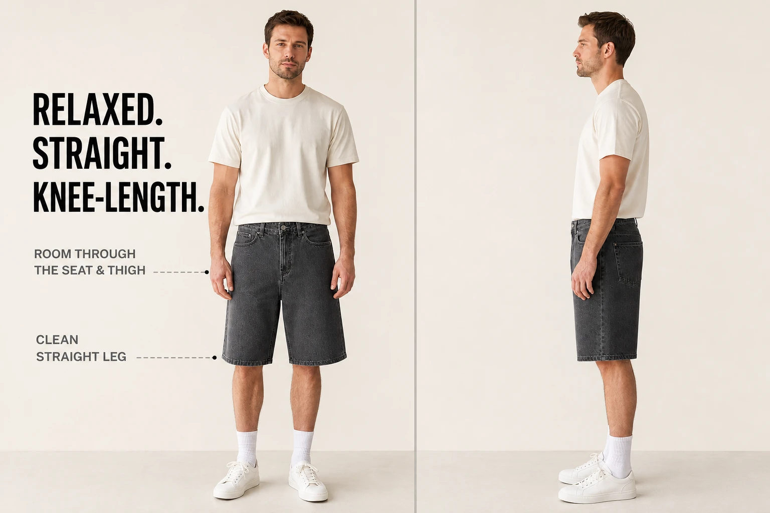 Relaxed straight-leg denim shorts fit guide