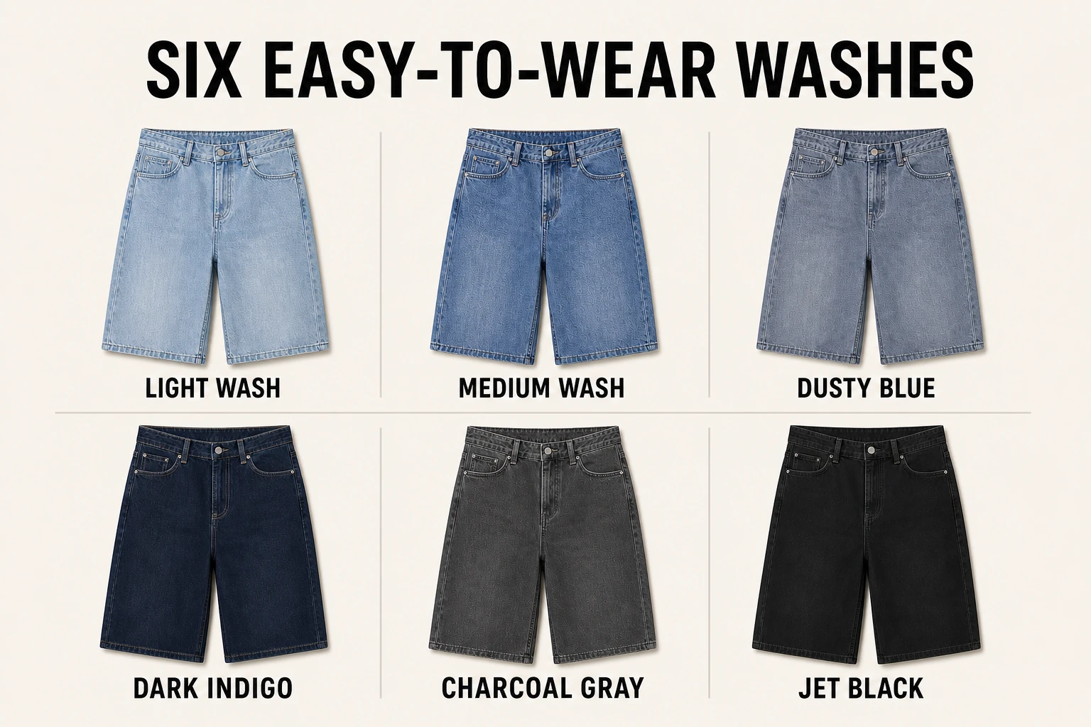 Six assorted denim shorts washes