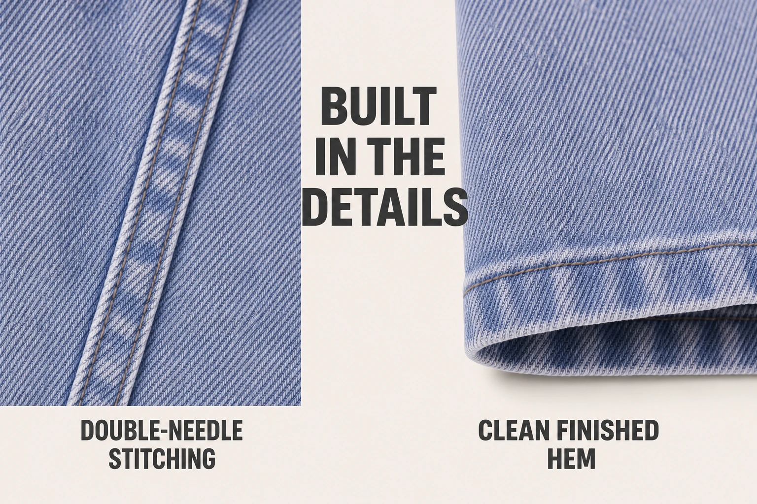 Double-needle stitching and finished hem detail