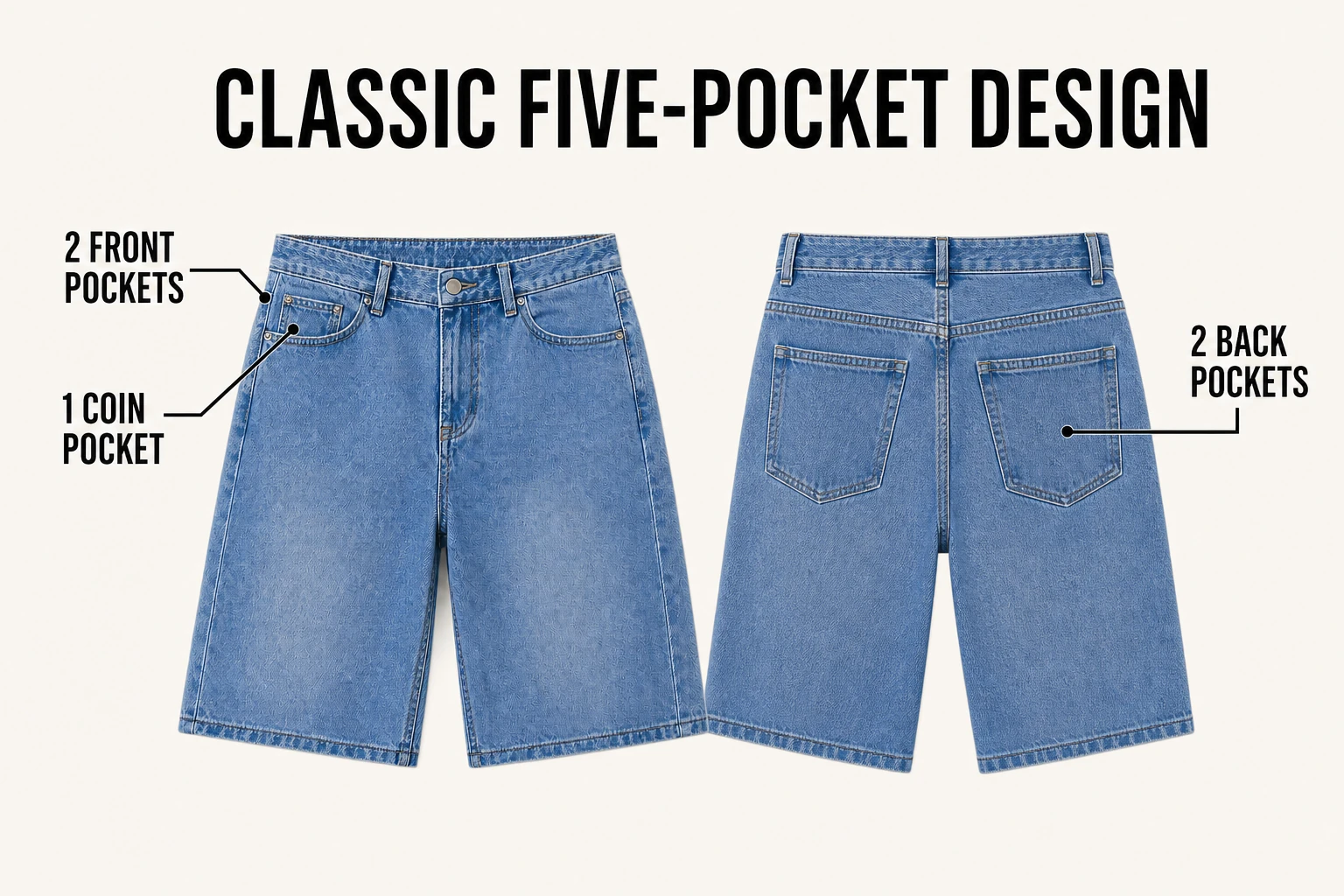 Classic five-pocket denim shorts design