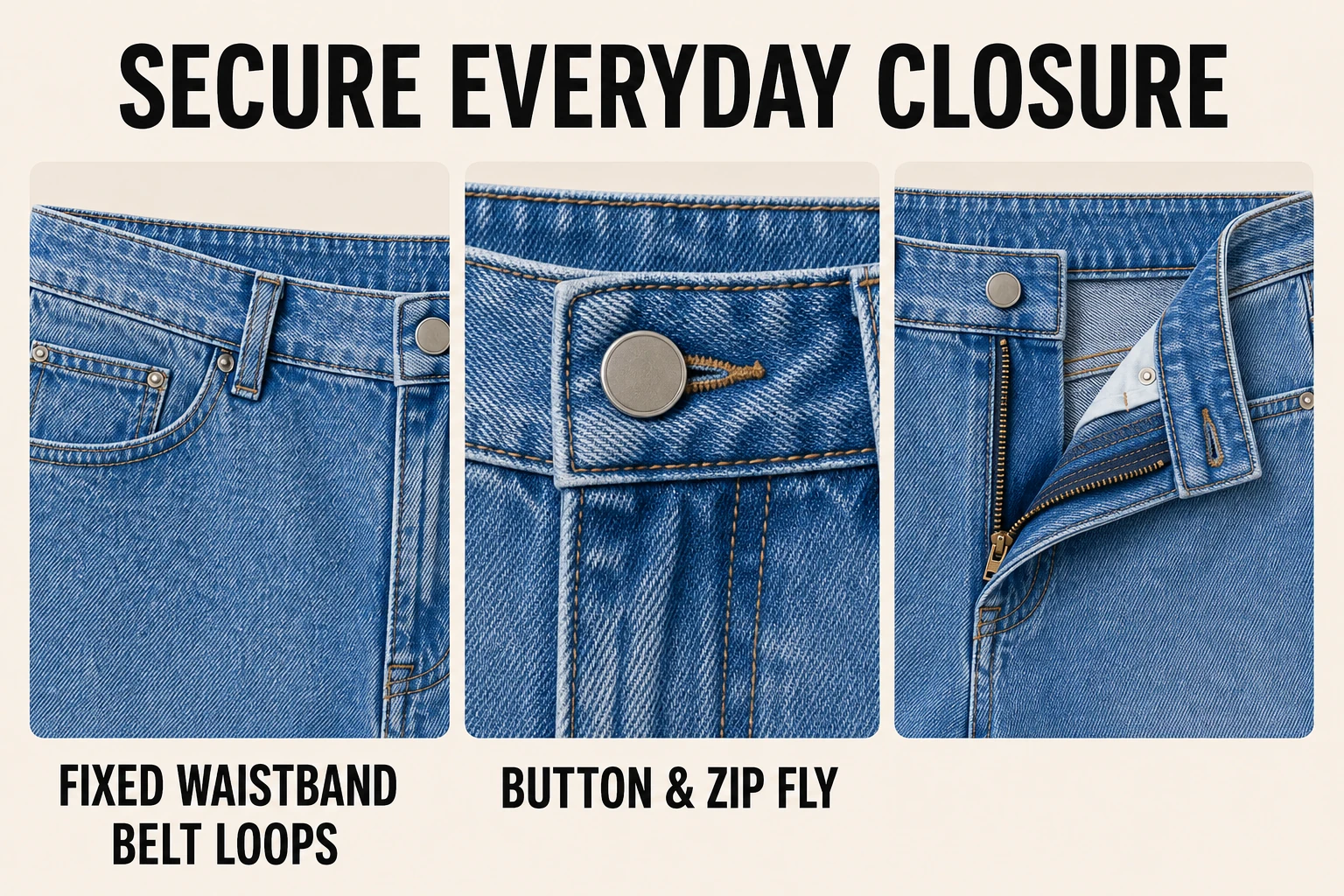 Fixed waistband belt loops button and zipper fly