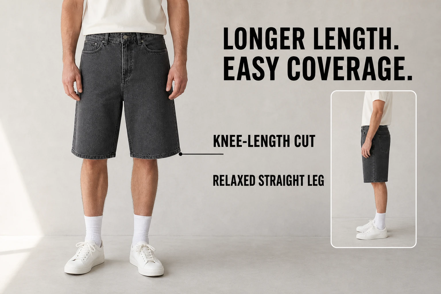Knee-length relaxed straight-leg coverage