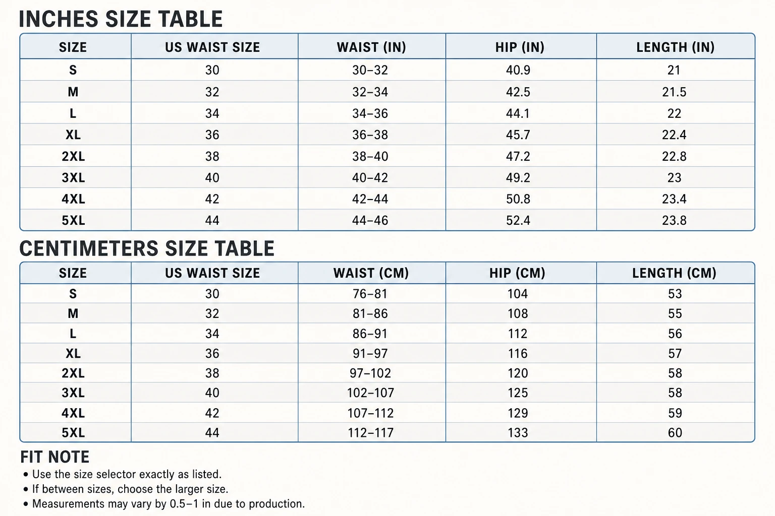 Men's denim shorts S to 5XL inches and centimeters size chart