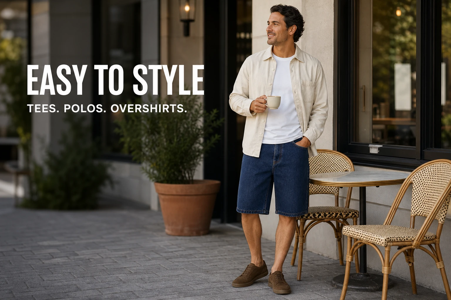 Dark Indigo denim shorts styled for a cafe