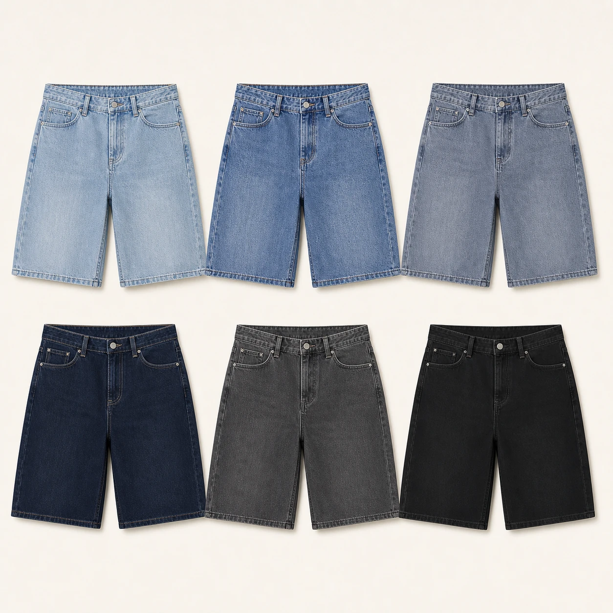 Six assorted washes of men's relaxed denim shorts