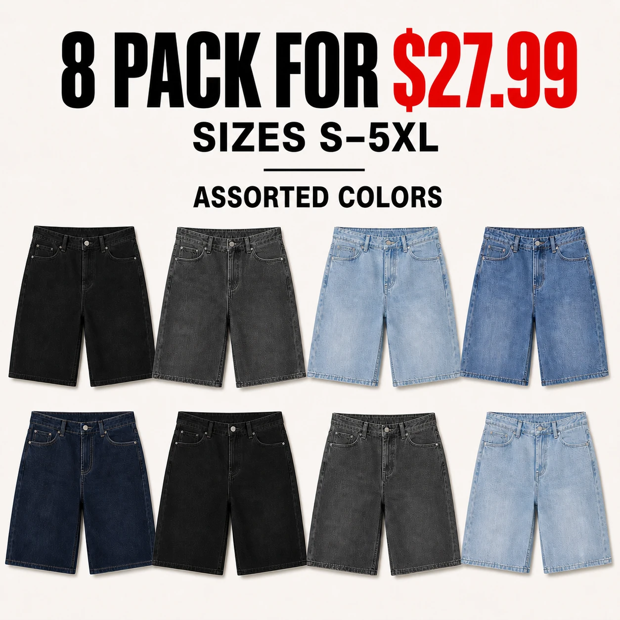 Eight-pack assorted men's denim shorts in sizes S to 5XL