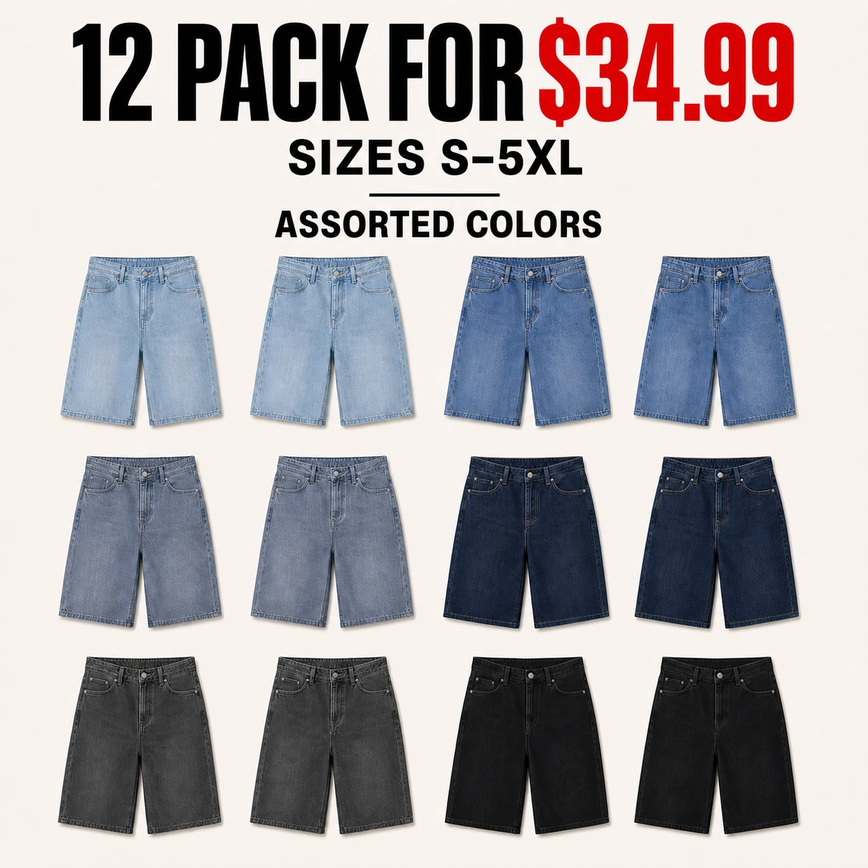 Twelve-pack assorted men's denim shorts in sizes S to 5XL