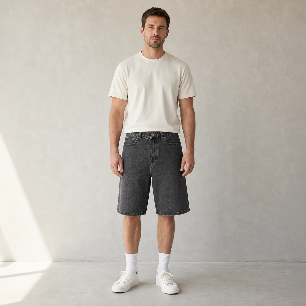 Front view of a model wearing Charcoal Gray denim shorts