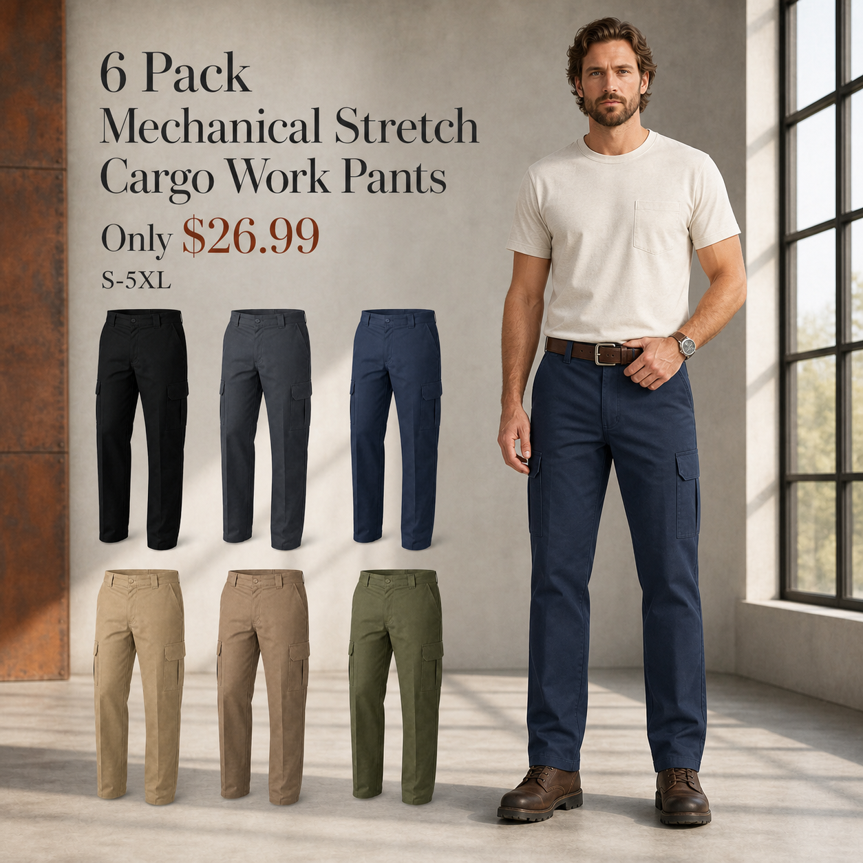 Men's Mechanical Stretch Regular-Fit Cargo Work Pants - 6-Pack or 8-Pack