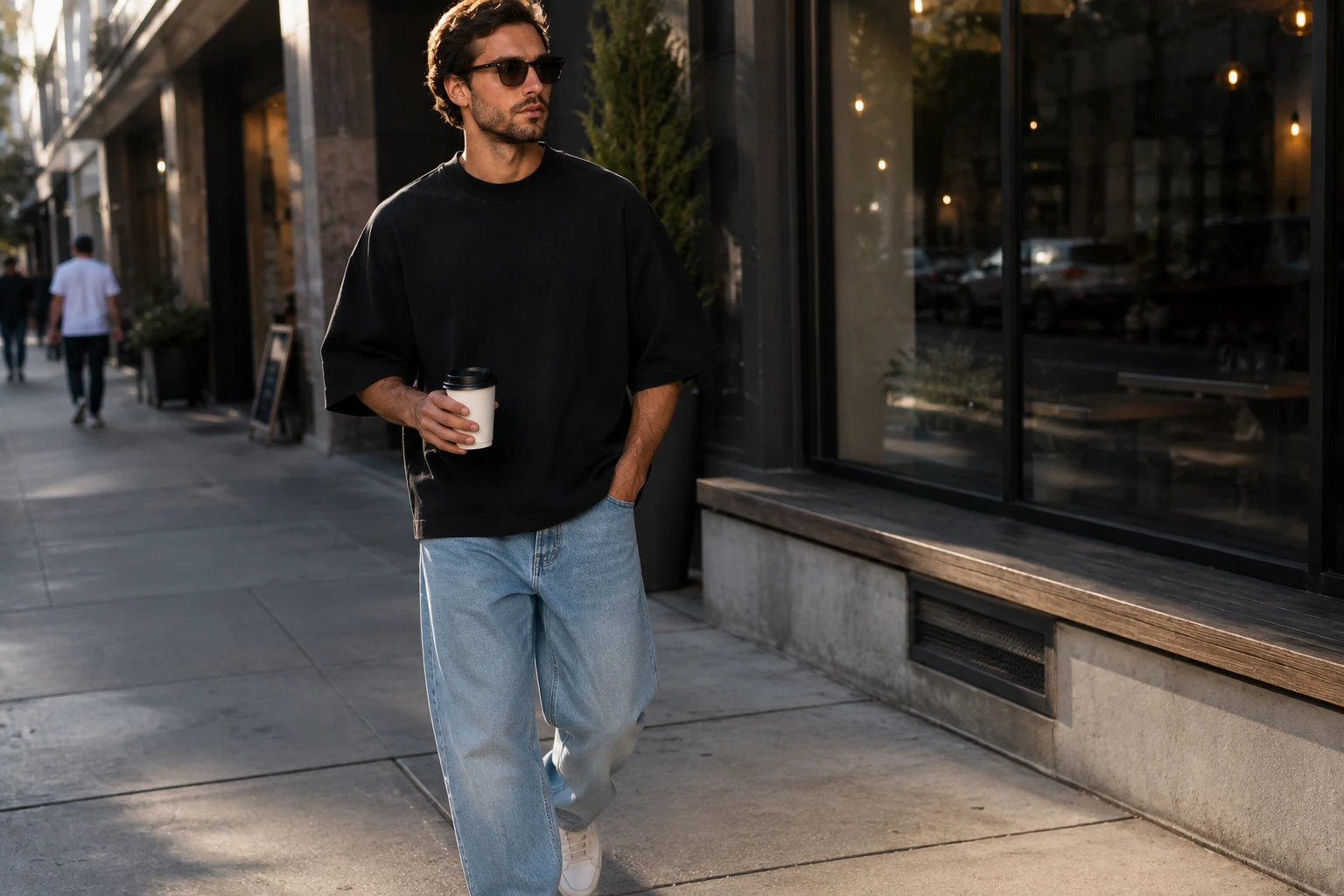 Black oversized T-shirt styled for a coffee run