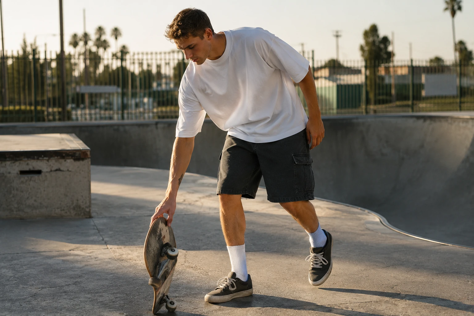 White oversized T-shirt at a skatepark